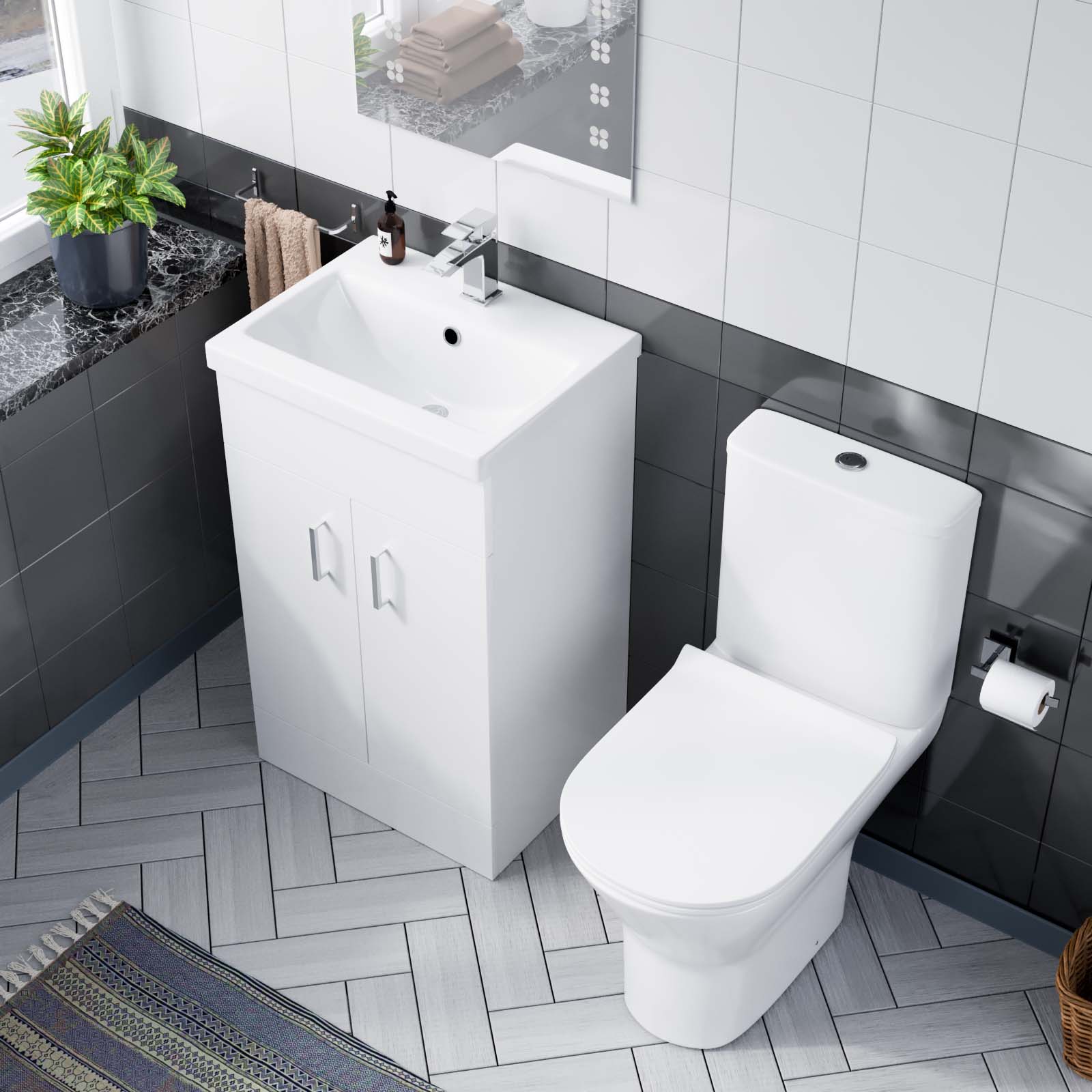 Nanuya 500mm Floorstanding White Basin Vanity & Rimless Close Coupled Toilet Flat Pack