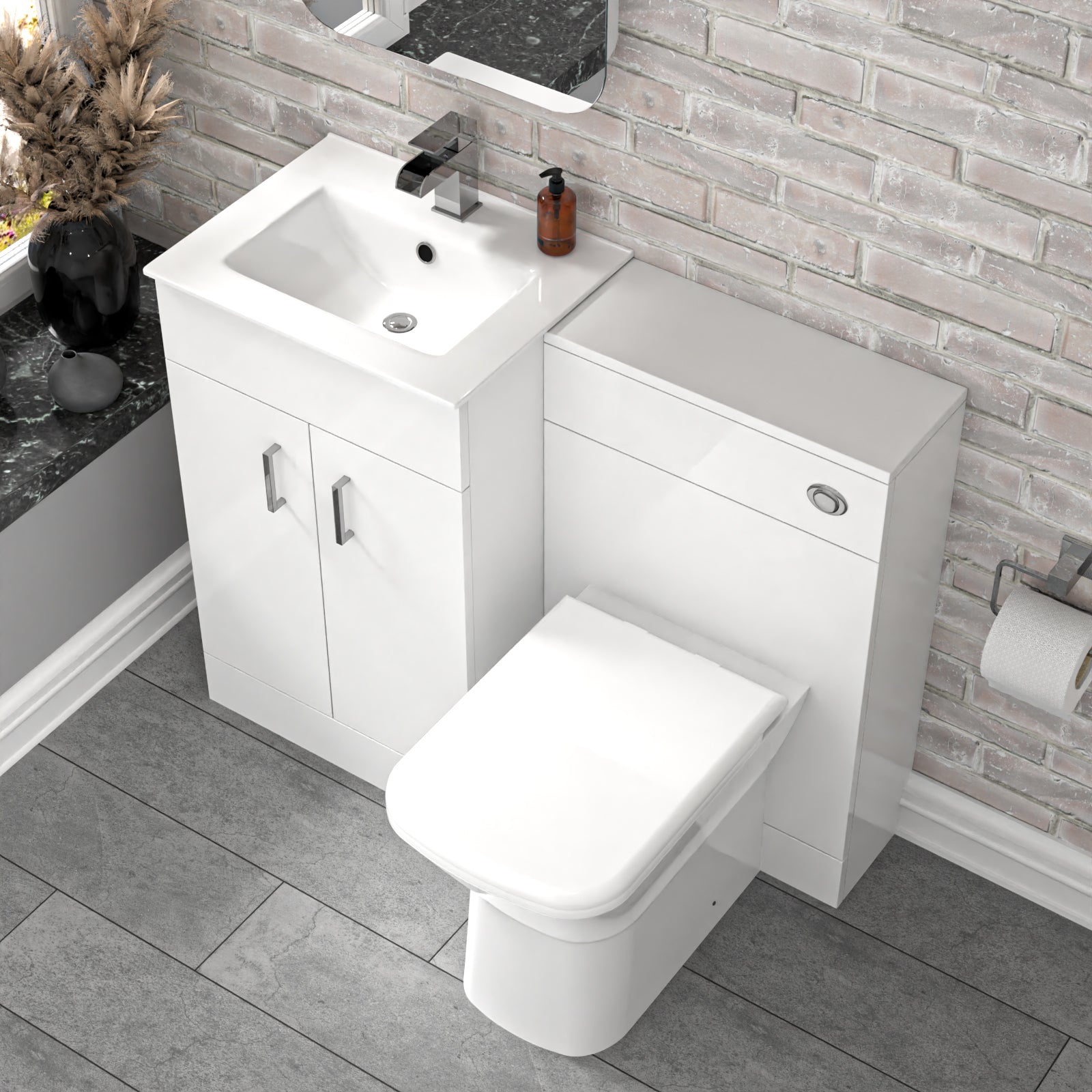 Nanuya 1000mm White Vanity Slim Basin Cabinet, WC Unit & Rimless BTW Toilet