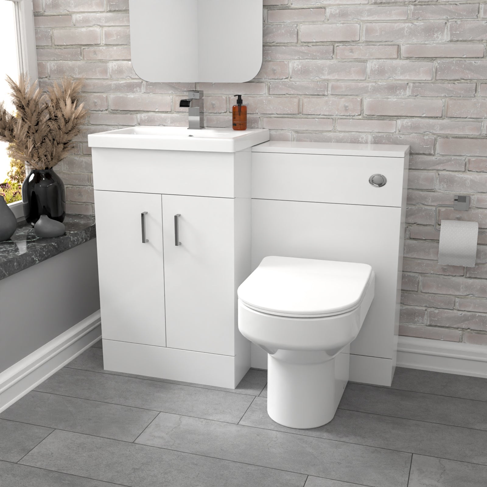 Nanuya White Vanity Basin Cabinet, WC Unit & Comfort Back To Wall Toilet