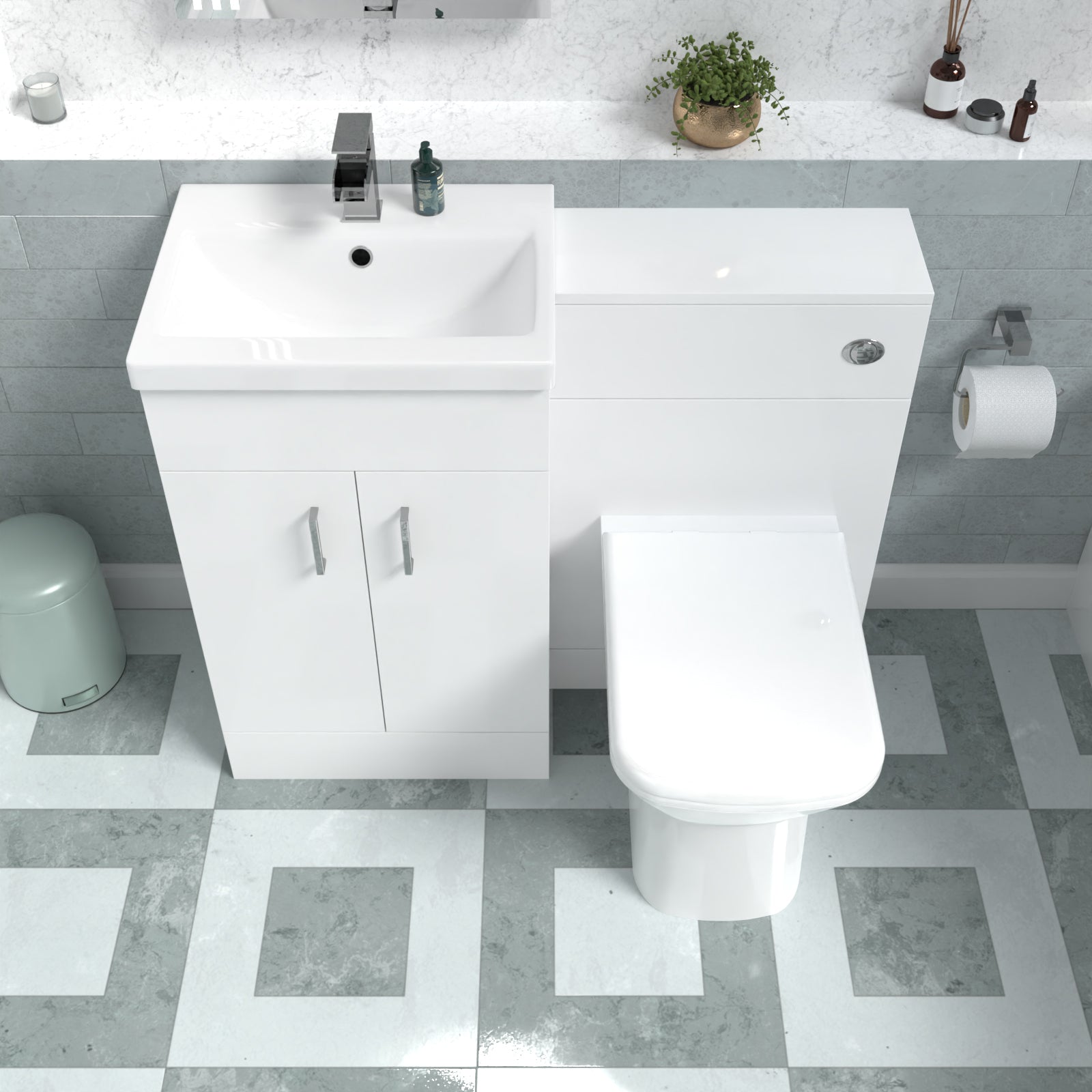 Nanuya White Vanity Basin Cabinet, WC Unit & Rimless Back To Wall Toilet