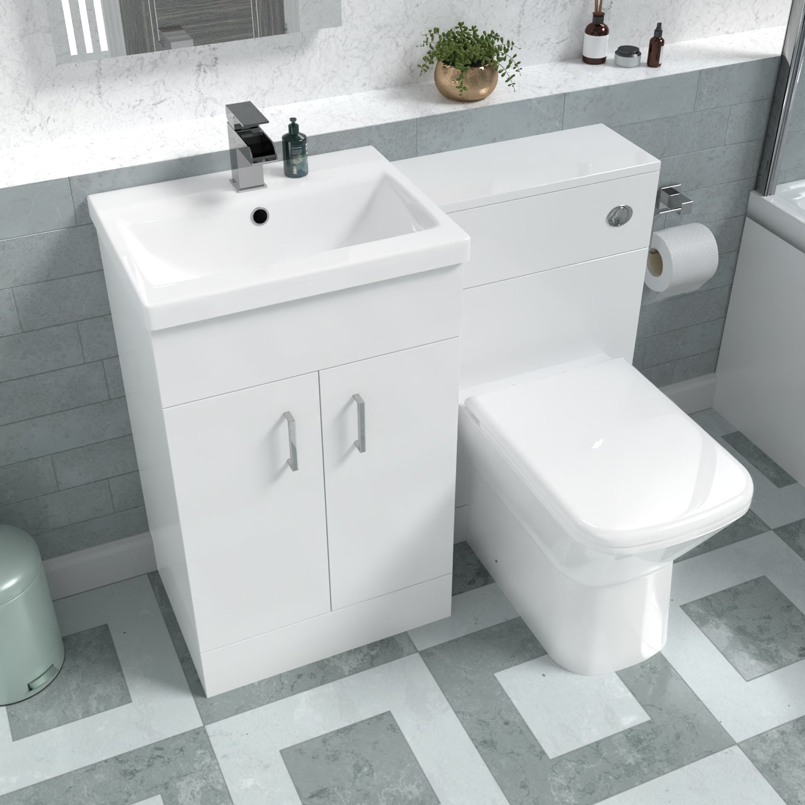 Nanuya White Vanity Basin Cabinet, WC Unit & Rimless Back To Wall Toilet