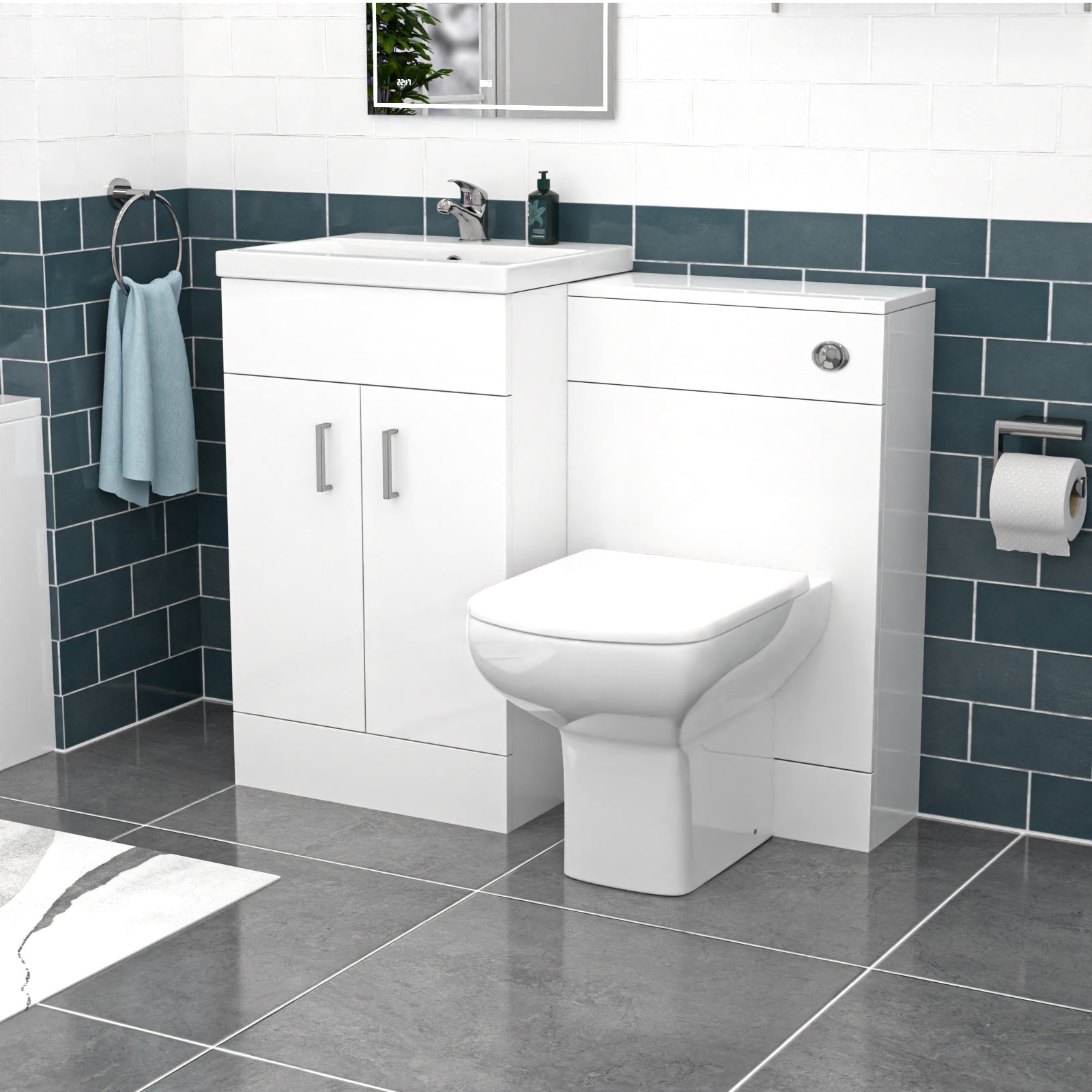 Nanuya White 1000mm Vanity, WC Unit, Rimless BTW Toilet, Bath And Front Panel