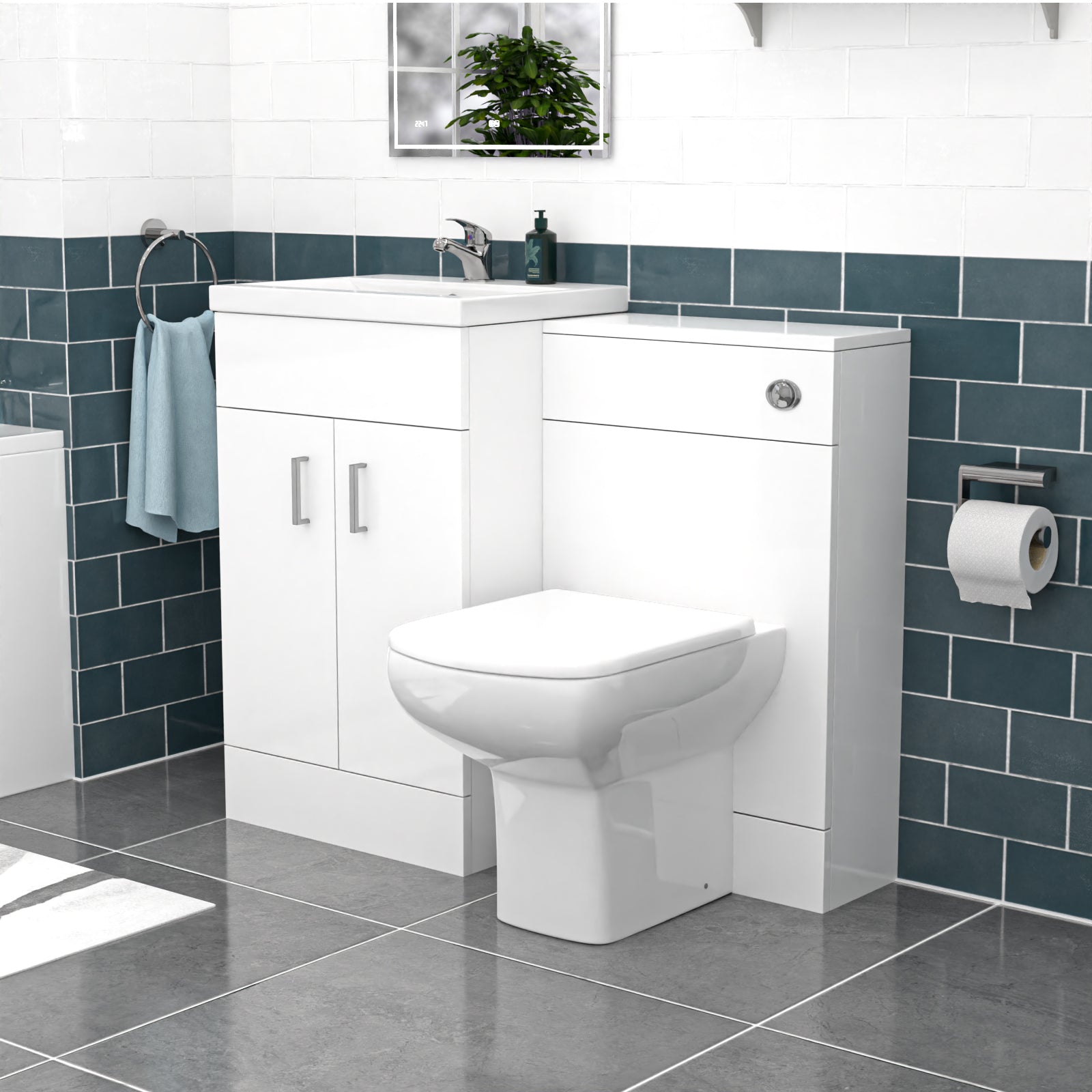Nanuya White Vanity, WC Unit, Rimless BTW Toilet, Bath Front Panel, Tap Set