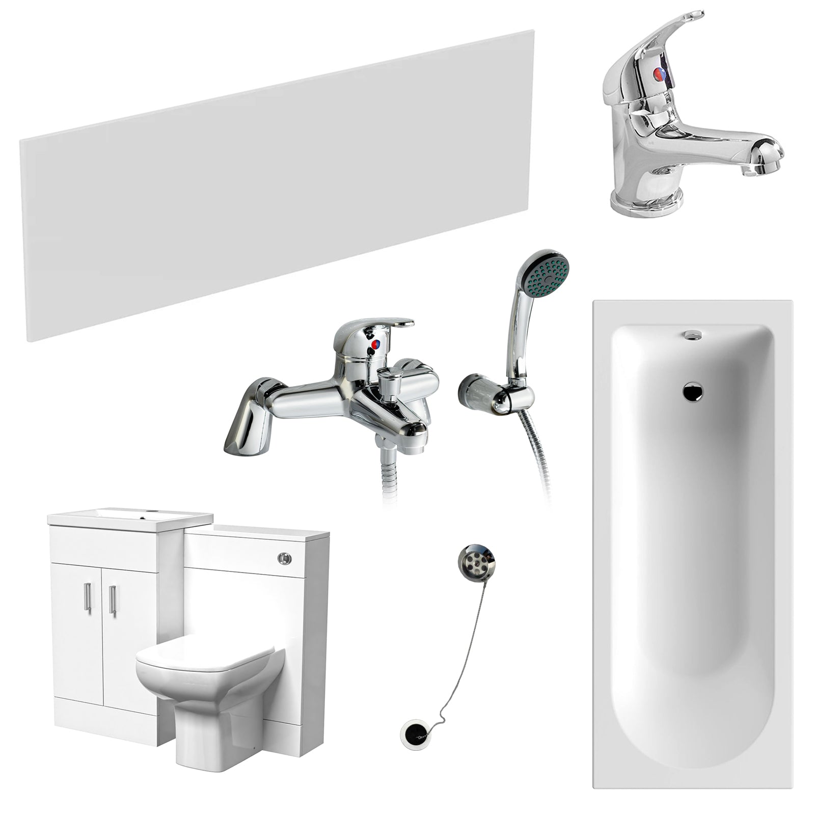 Nanuya White Vanity, WC Unit, Rimless BTW Toilet, Bath Front Panel, Tap Set