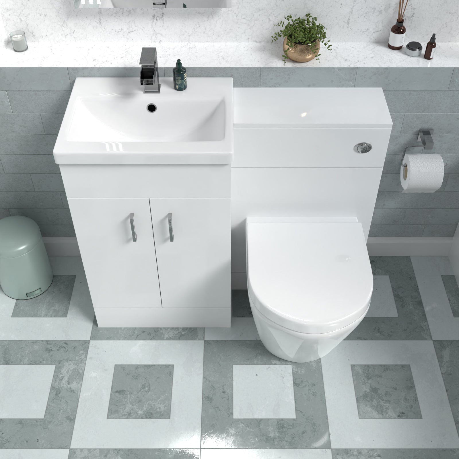 Nanuya Basin Vanity Cabinet, WC Unit White & Rimless Back To Wall Toilet