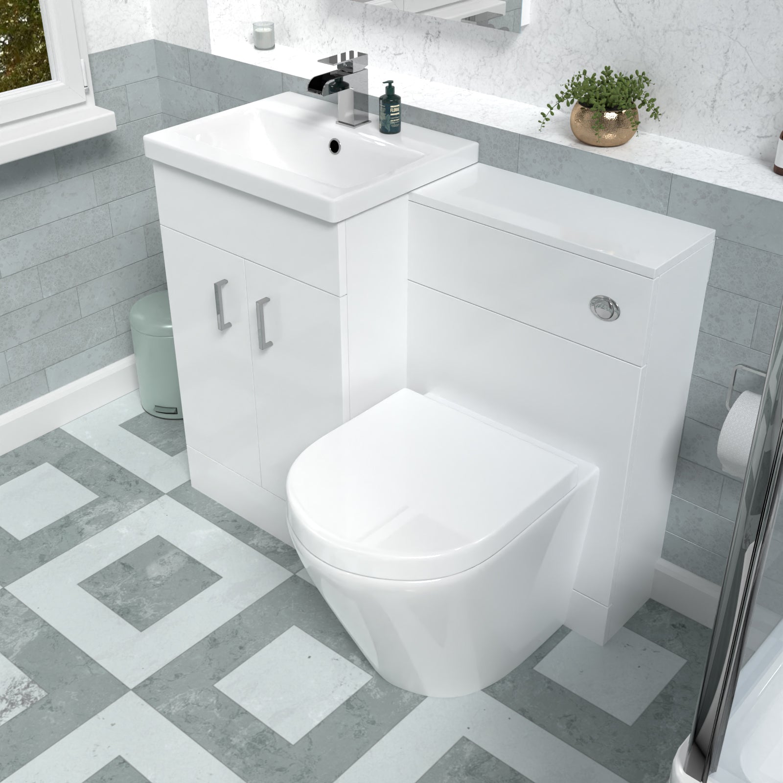 Nanuya Basin Vanity Cabinet, WC Unit White & Rimless Back To Wall Toilet