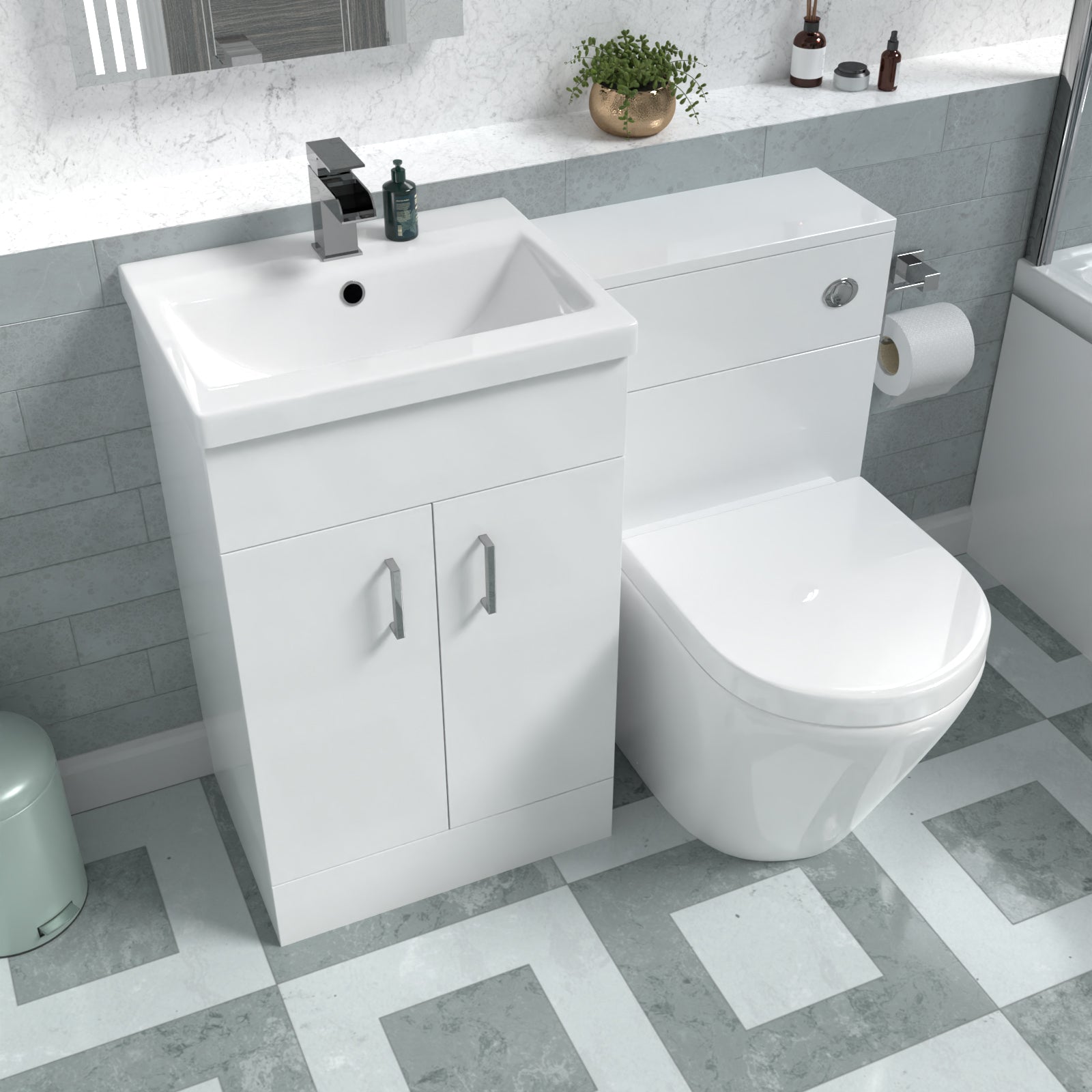 Nanuya Basin Vanity Cabinet, WC Unit White & Rimless Back To Wall Toilet