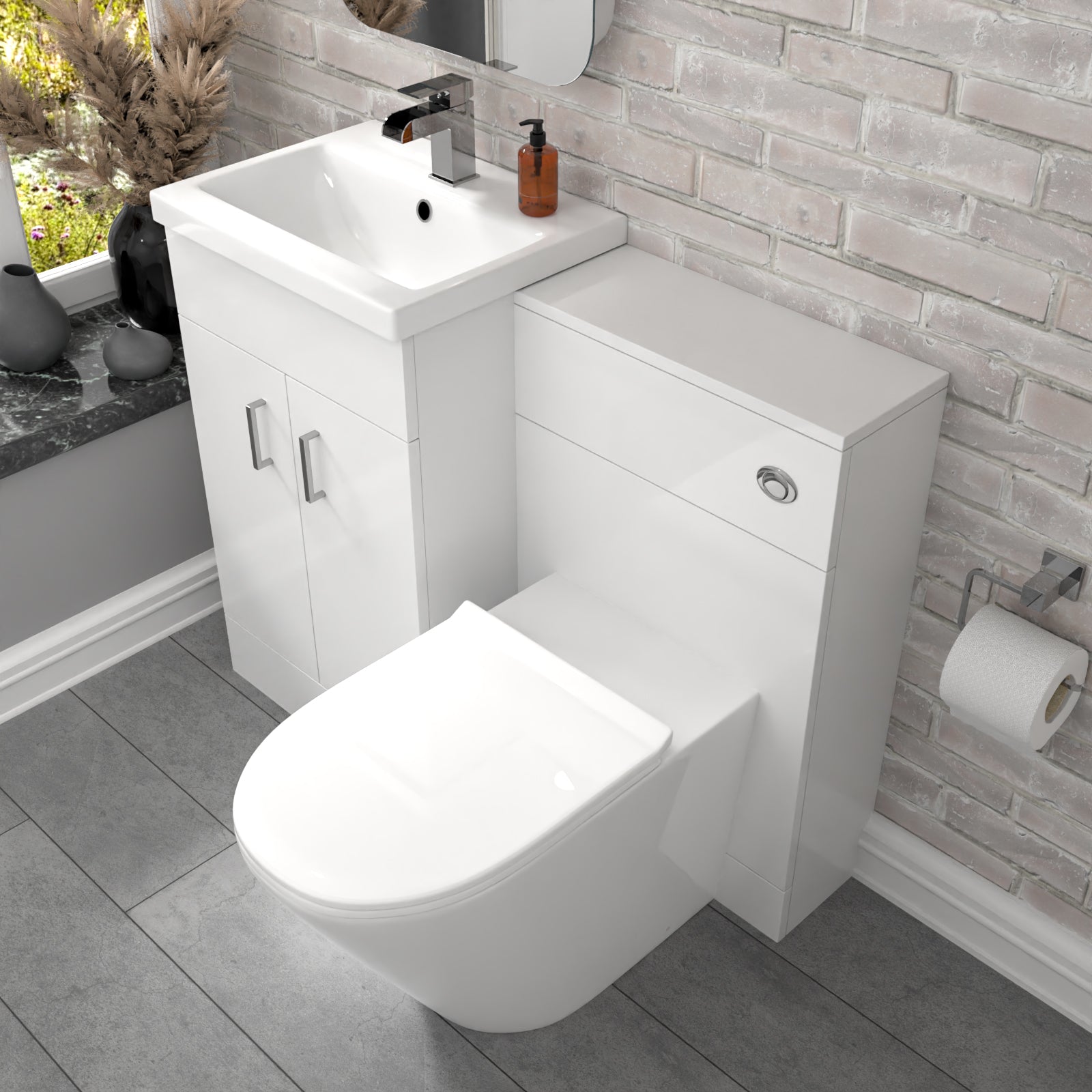 Nanuya Gloss White Vanity Basin Cabinet, WC Unit & Rimless Toilet
