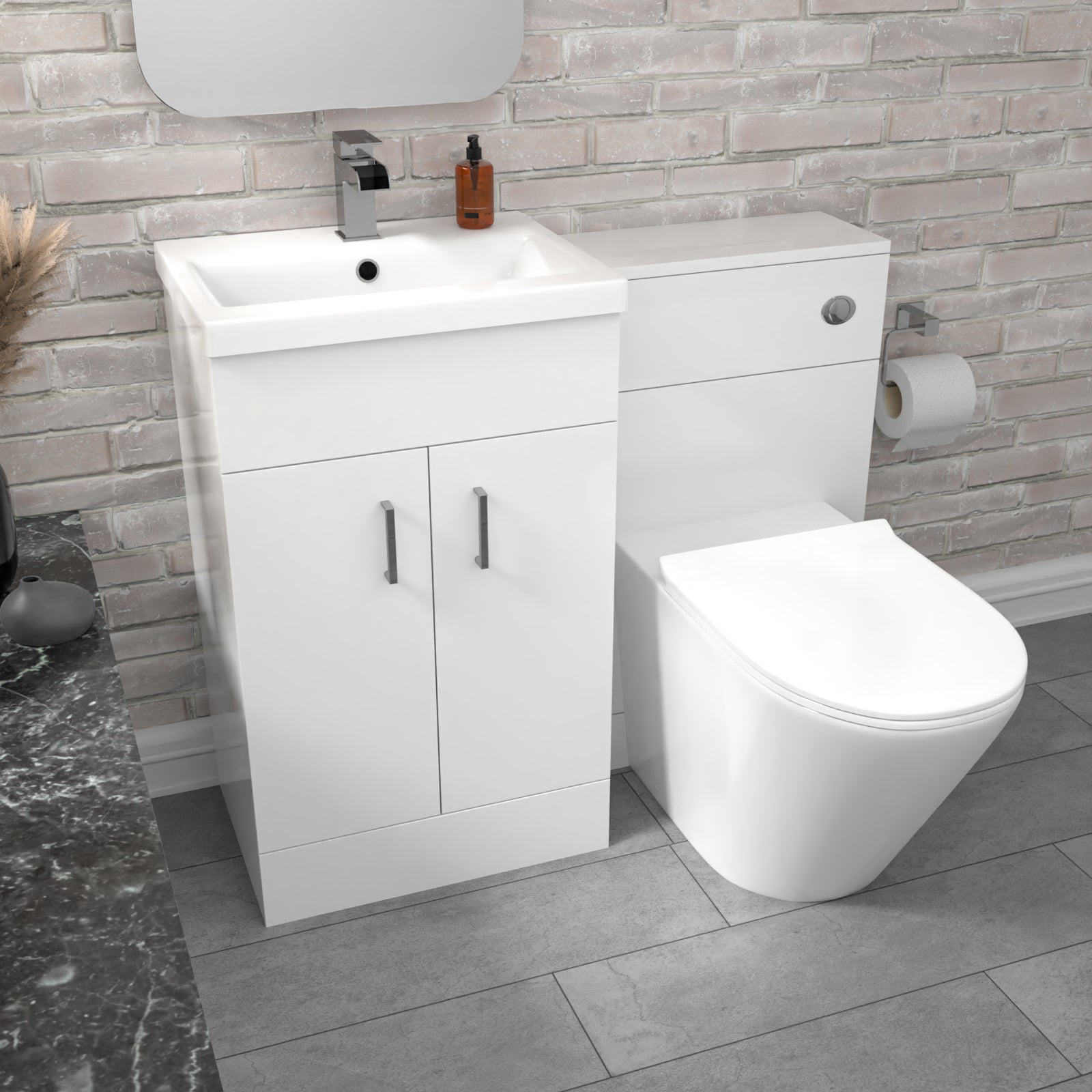 Nanuya Gloss White Vanity Basin Cabinet, WC Unit & Rimless Toilet