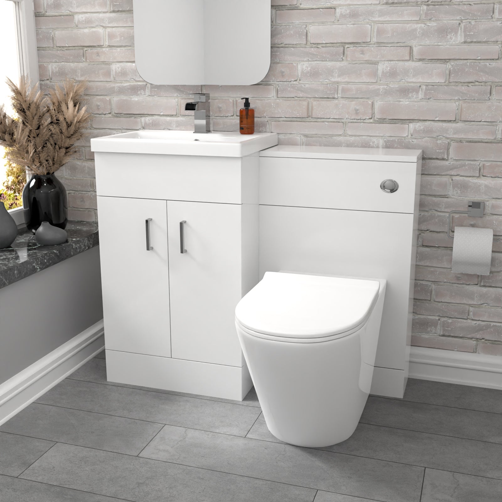 Nanuya Gloss White Vanity Basin Cabinet, WC Unit & Rimless Toilet