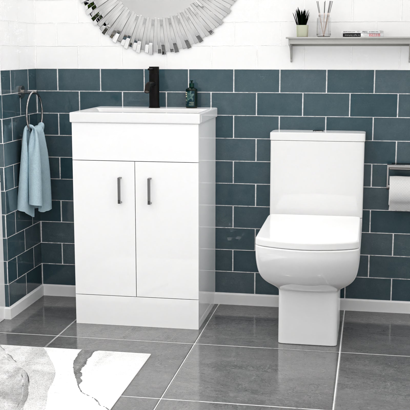 Nanuya 500mm White Basin Vanity, Square Rimless Close Coupled Toilet And Bath
