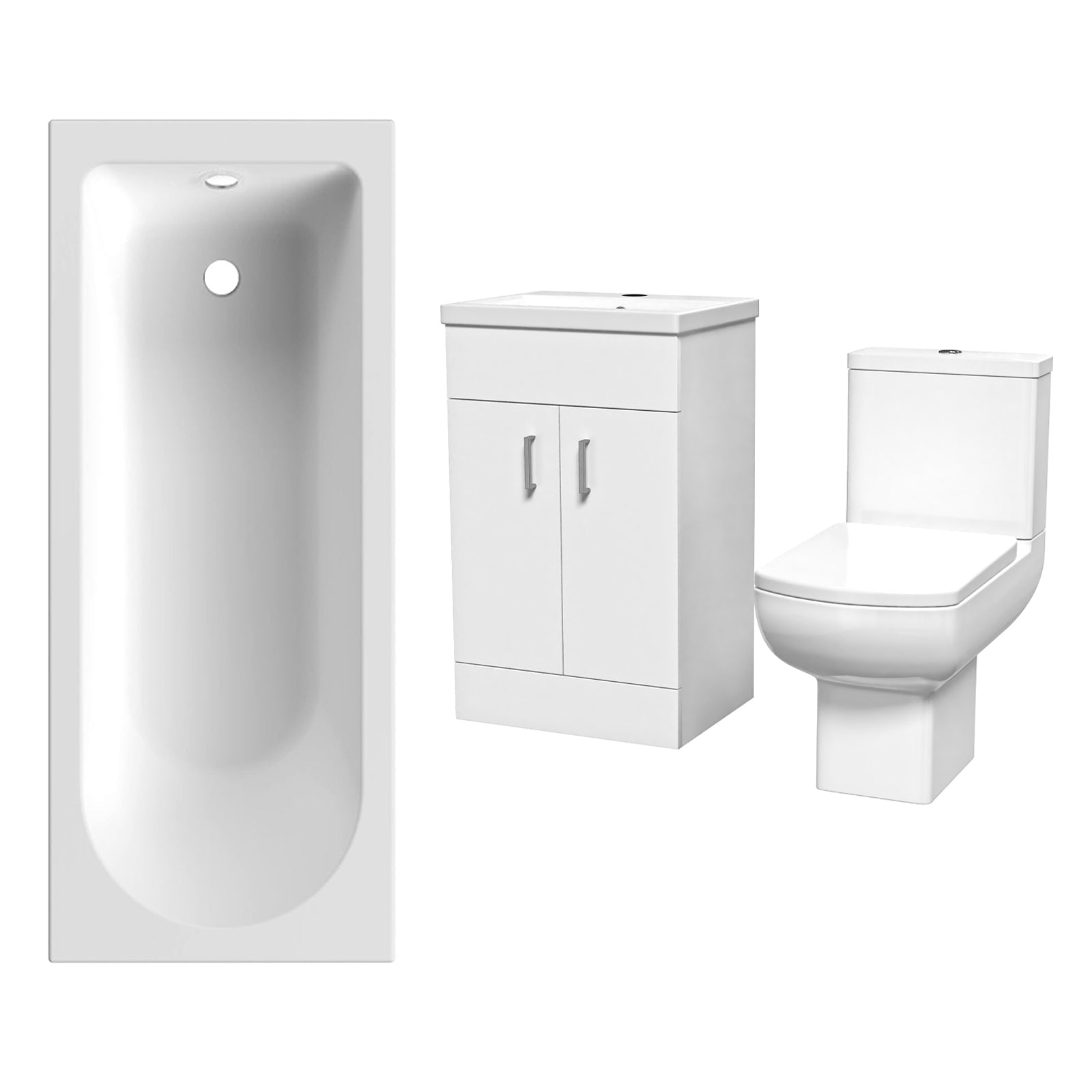 Nanuya 500mm White Basin Vanity, Square Rimless Close Coupled Toilet And Bath