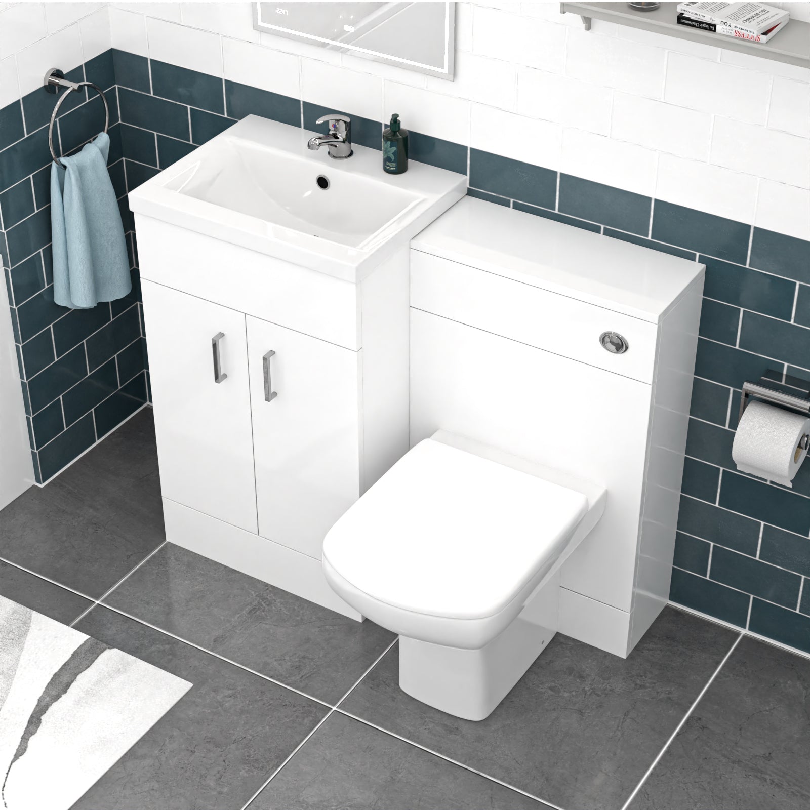 Nanuya White Vanity, WC Unit, Rimless BTW Toilet, Bath Front Panel, Tap Set