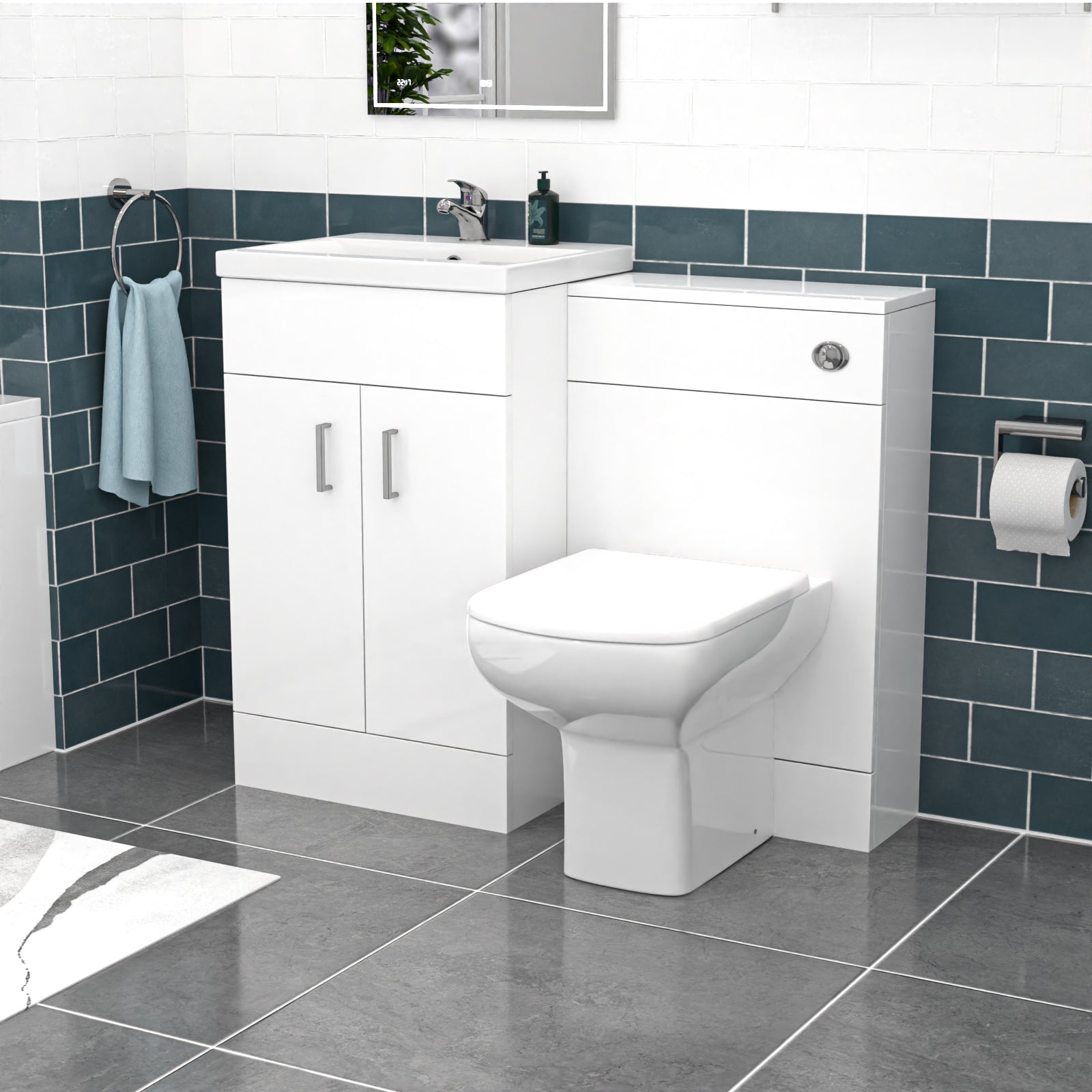 Nanuya White Vanity, WC Unit, Rimless BTW Toilet, Bath Front Panel, Tap Set