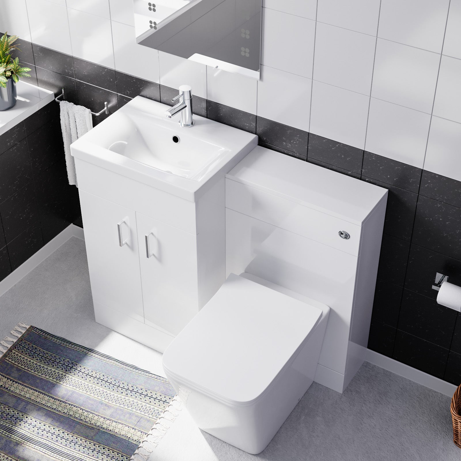 Nanuya White 1000mm Vanity Basin Cabinet WC Unit & Square BTW Toilet