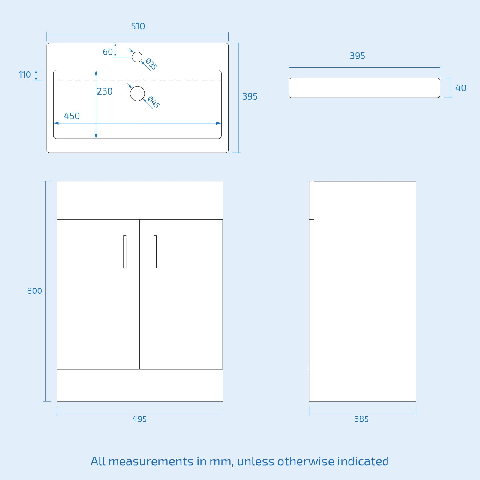 Technical drawing of a bathroom cabinet with dimensions 