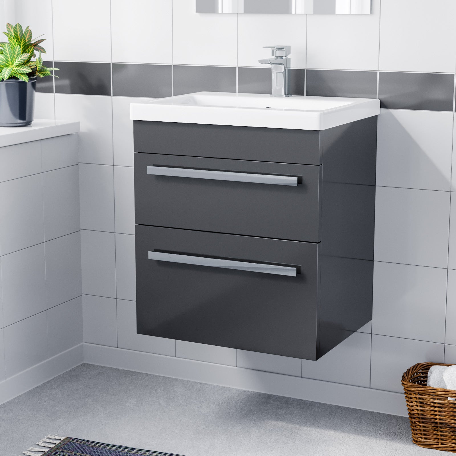 Nanuya 500mm Wall Hung 2 Drawer Vanity Unit Anthracite With White Basin