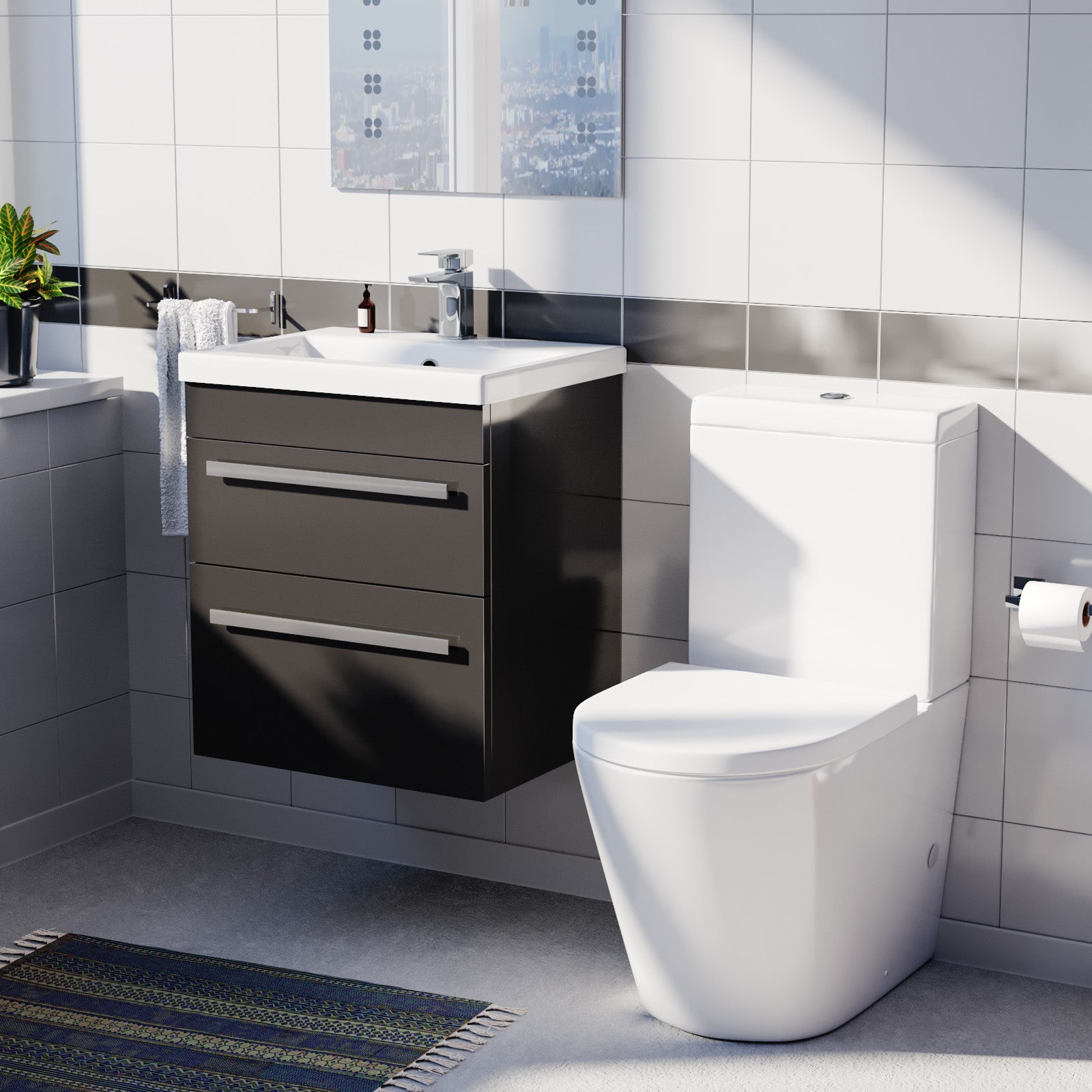 Nanuya Anthracite 500mm 2 Drawers Basin Vanity & Close Coupled Toilet Set