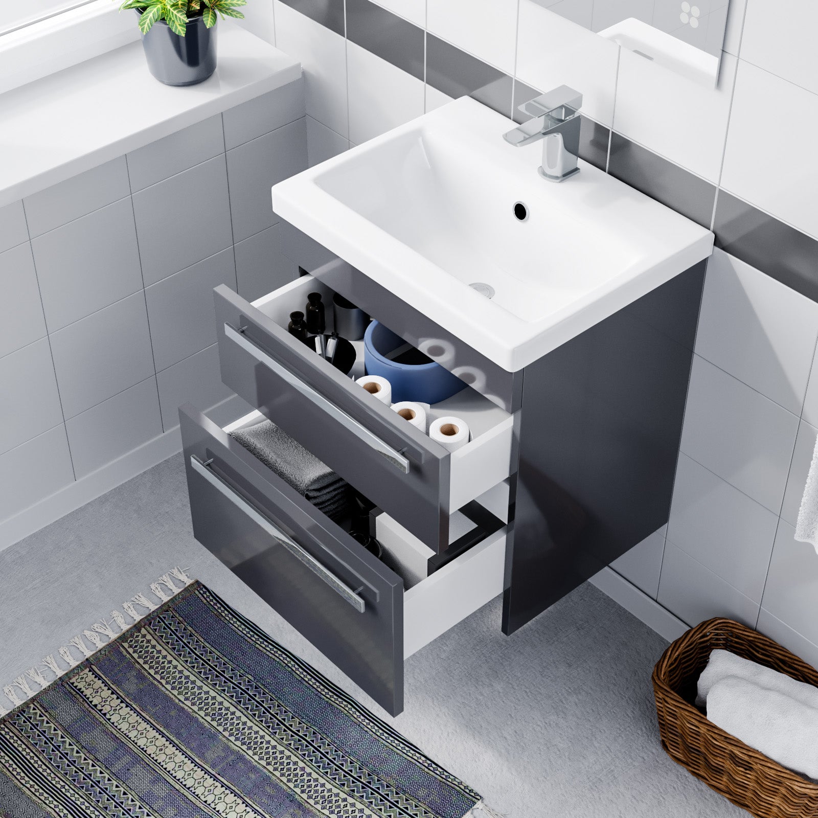 Nanuya Wall Hung Vanity Unit 2 Drawer Cabinet 500mm with Ceramic Sink Basin Steel Grey