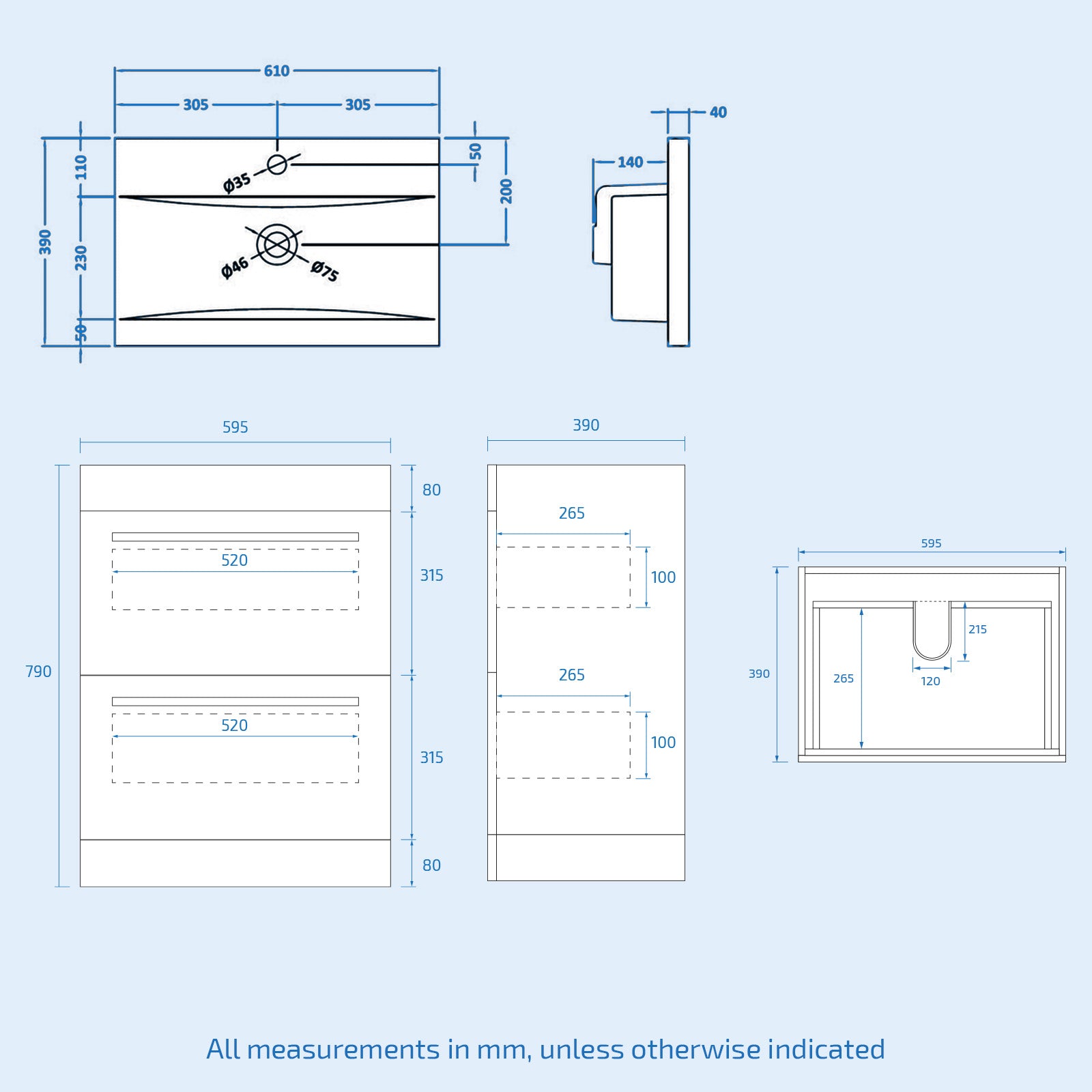 Nanuya 600mm White 2 Drawers Vanity Unit, Back To Wall Toilet