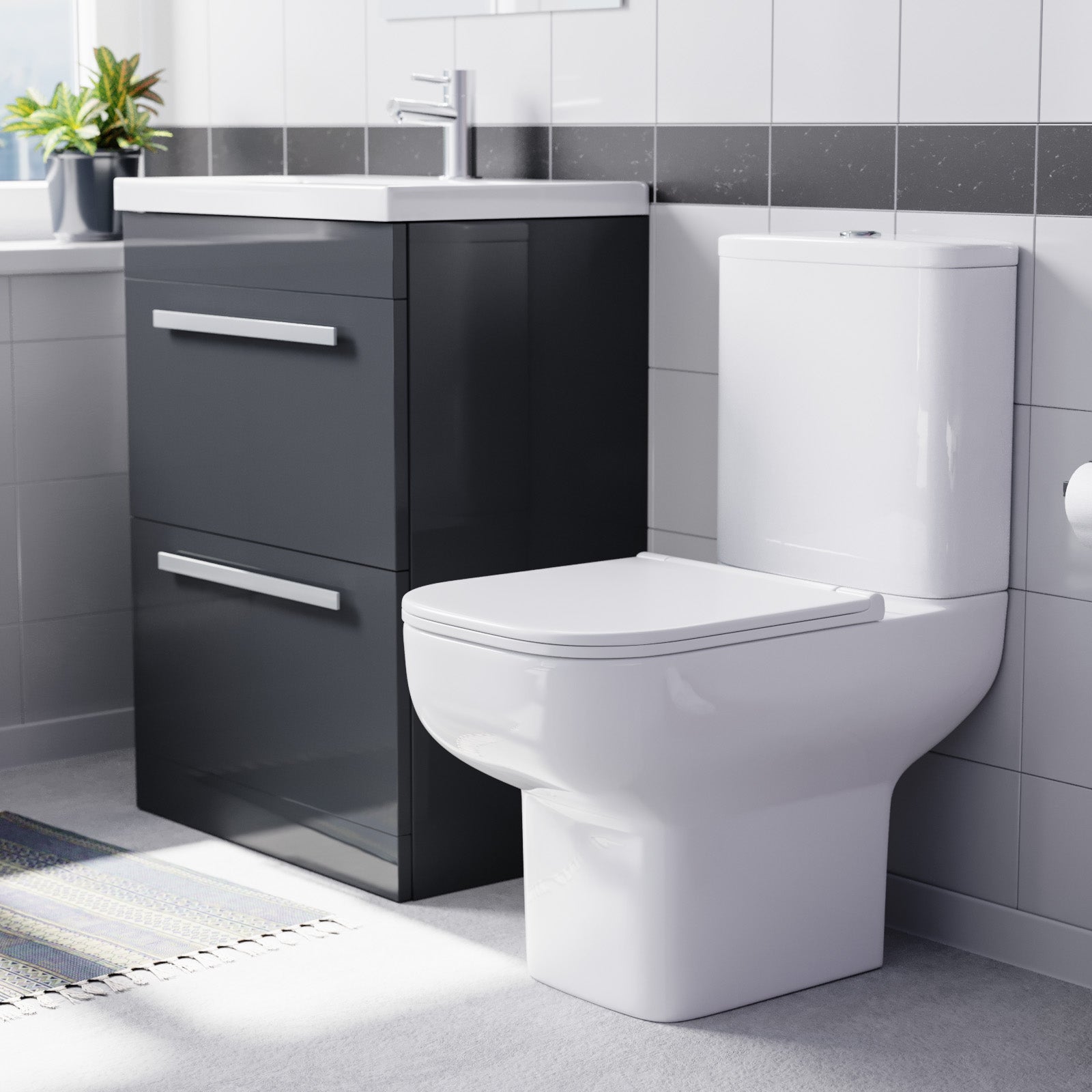 Nanuya 600mm Dark Grey Drawers Basin Vanity Unit Square Close Coupled Toilet