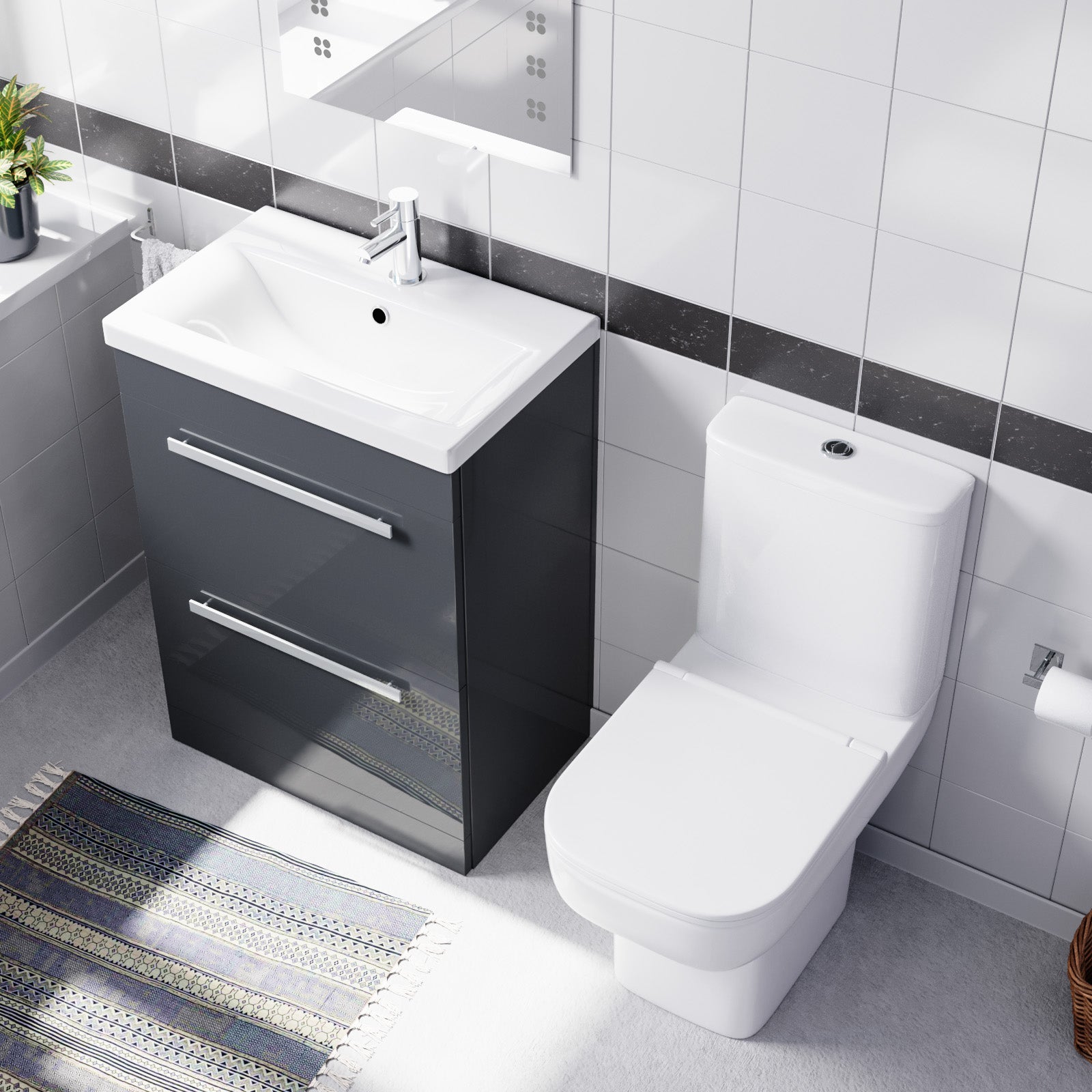 Nanuya 600mm Dark Grey Drawers Basin Vanity Unit Square Close Coupled Toilet