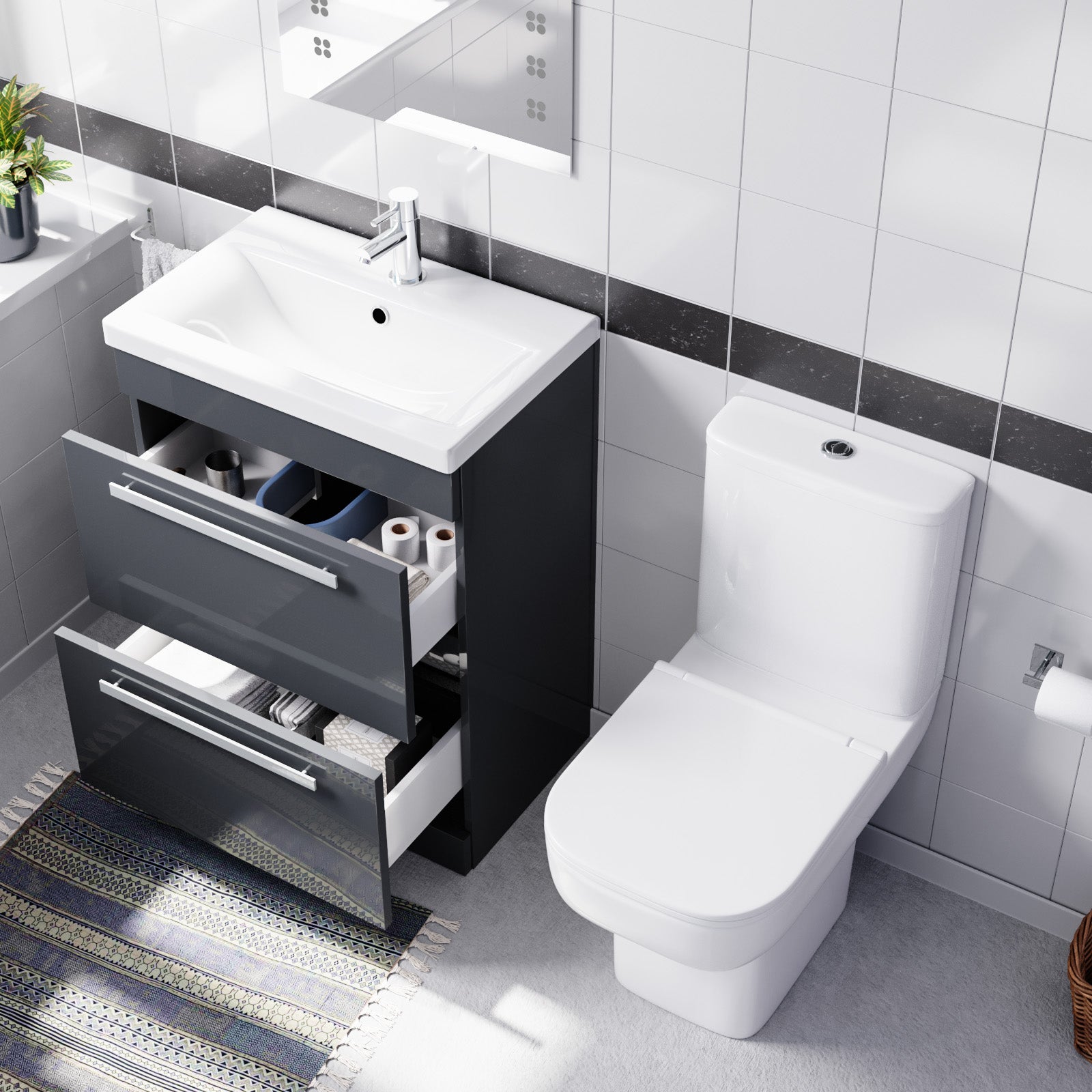 Nanuya 600mm Dark Grey Drawers Basin Vanity Unit Square Close Coupled Toilet