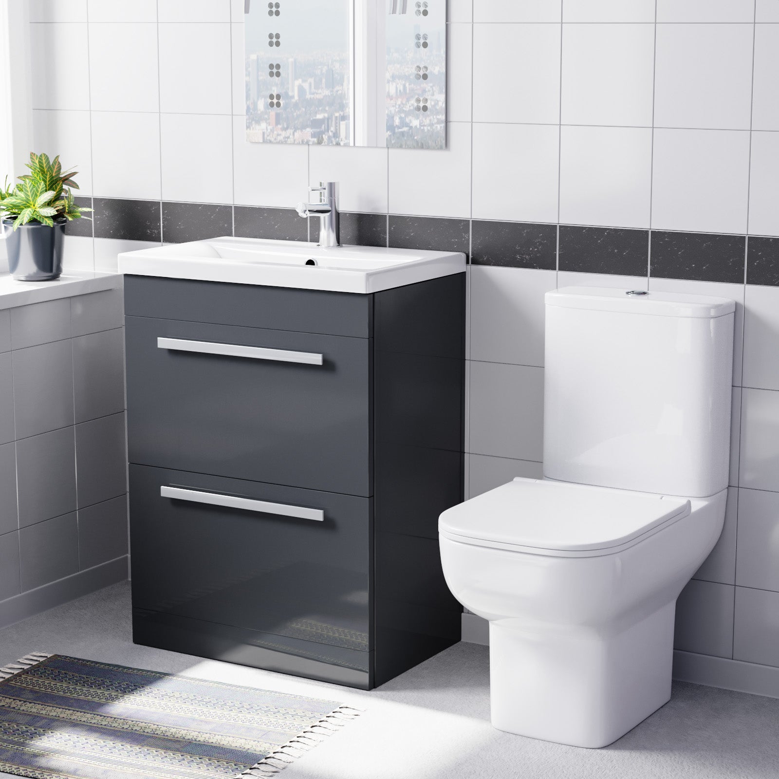Nanuya 600mm Dark Grey Drawers Basin Vanity Unit Square Close Coupled Toilet