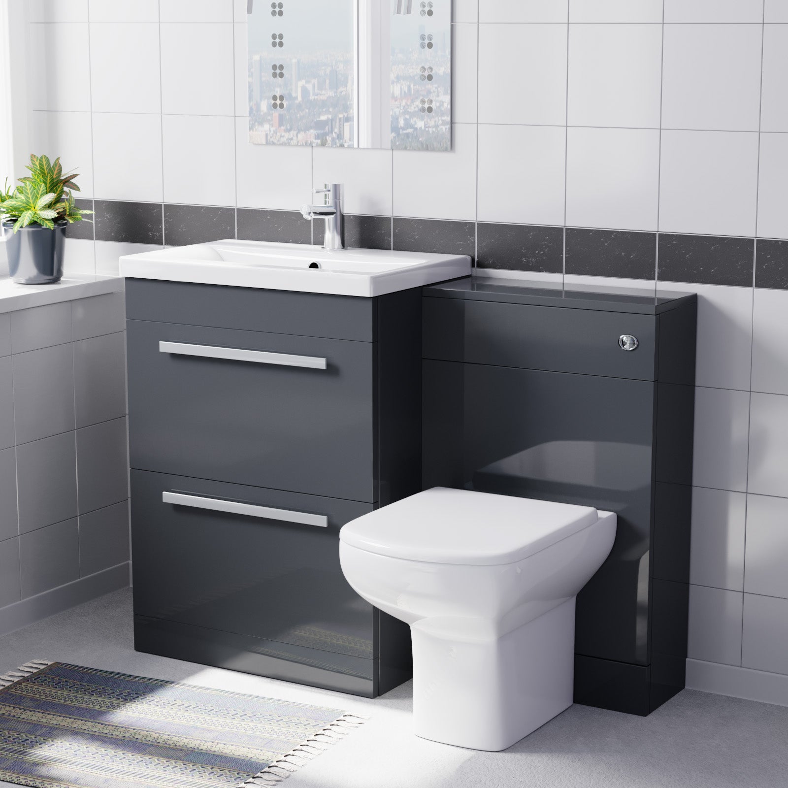 Nanuya 1100mm Dark Grey Basin Vanity With WC Unit & Rimless Soft Close Toilet