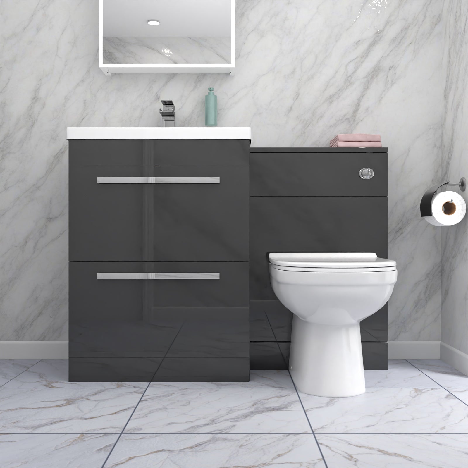 Nanuya 1100mm Dark Grey 2 Drawer Vanity Basin Unit, WC & Curved BTW Toilet