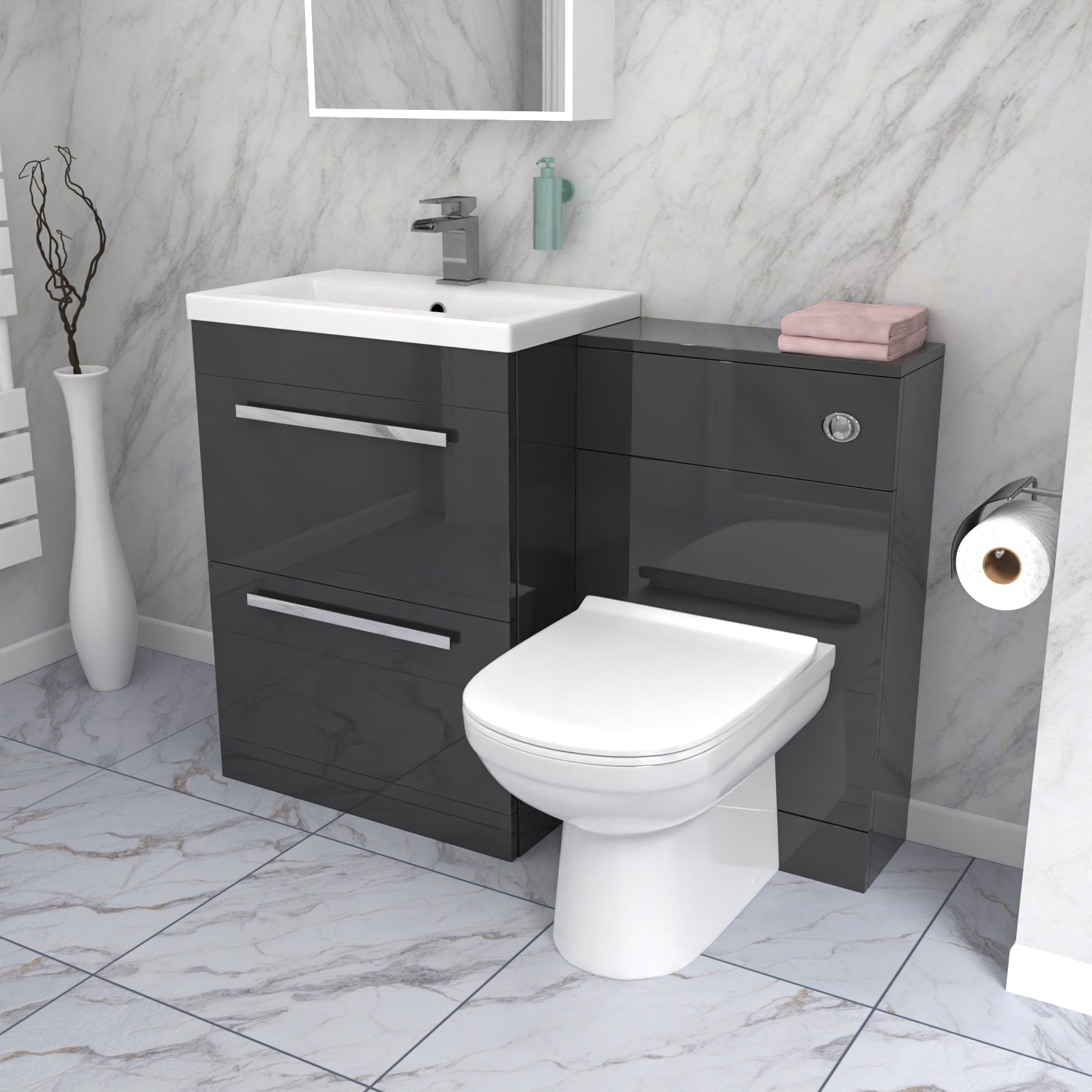 Nanuya 1100mm Dark Grey 2 Drawer Vanity Basin Unit, WC & Curved BTW Toilet