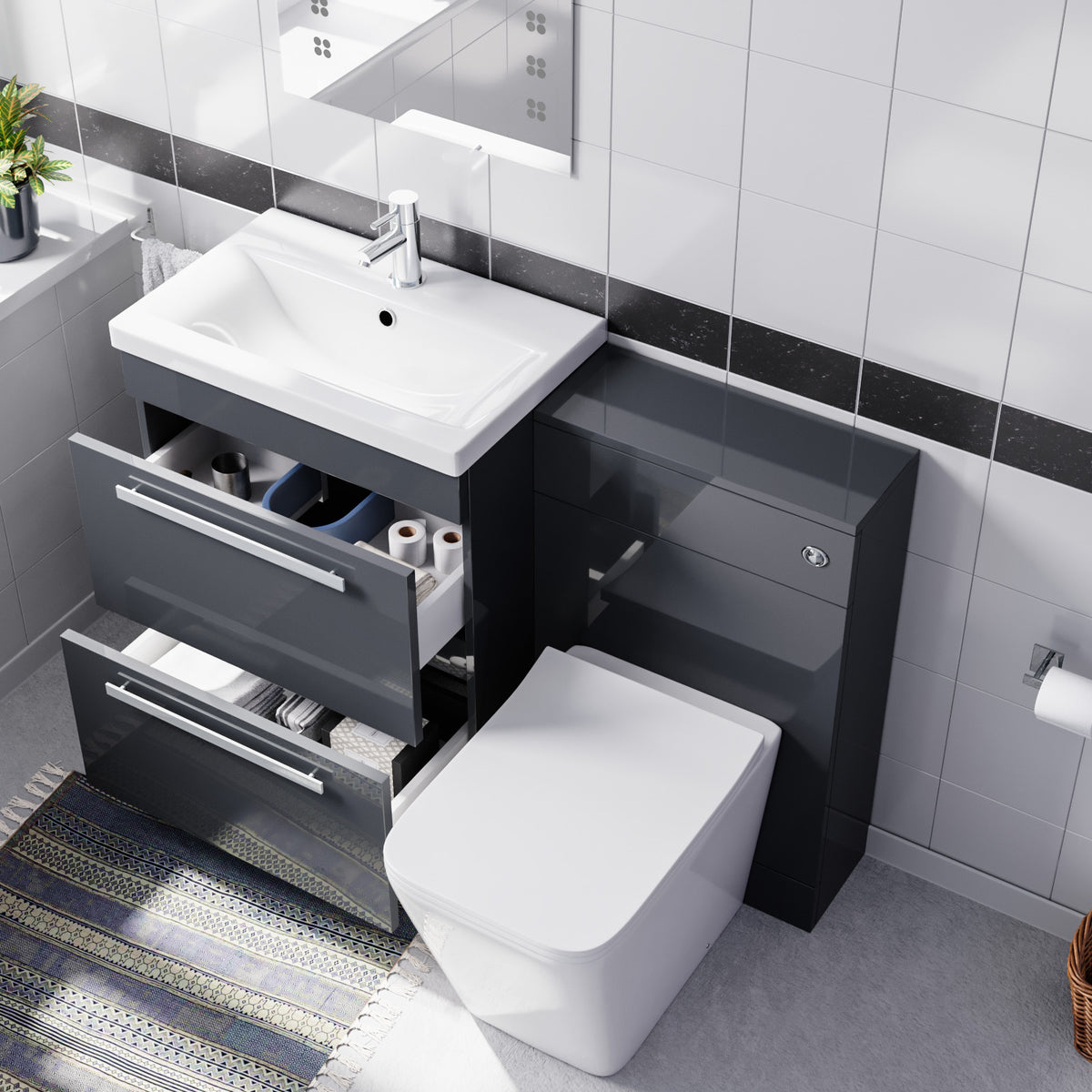 Anthracite 1100mm Freestanding Drawers Vanity With WC Unit & BTW Toilet Pan