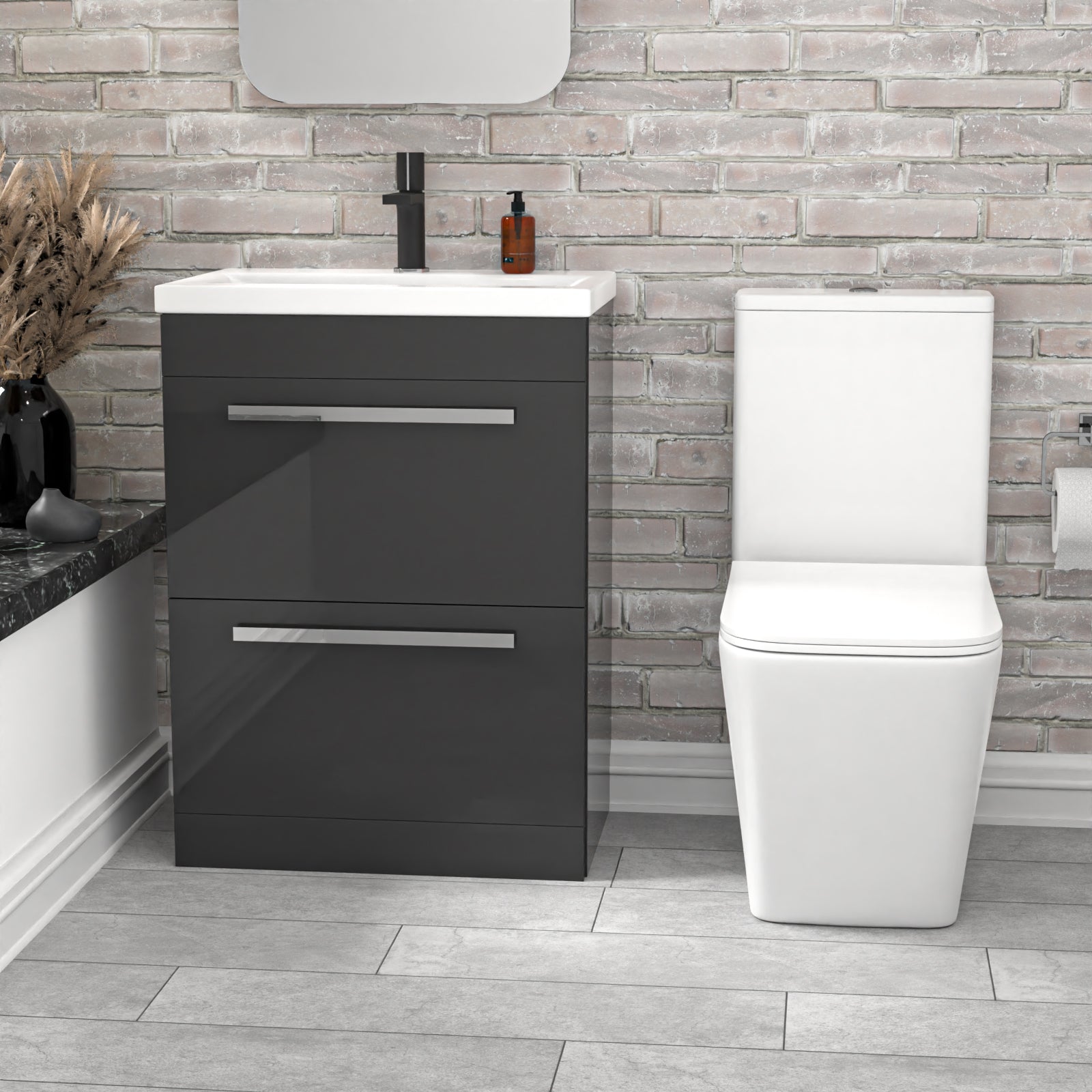 Nanuya 600mm Dark Grey 2 Drawers Basin Vanity Rimless Square Toilet