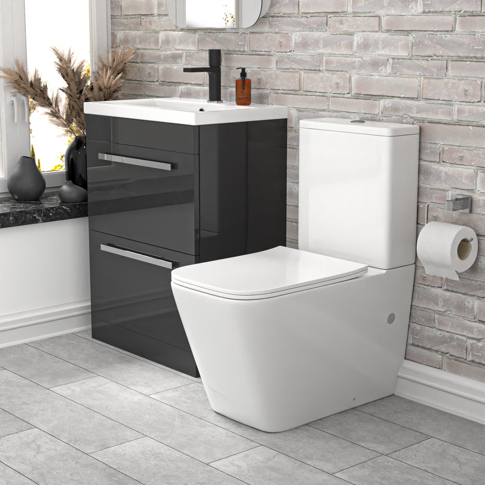 Nanuya 600mm Dark Grey 2 Drawers Basin Vanity Rimless Square Toilet