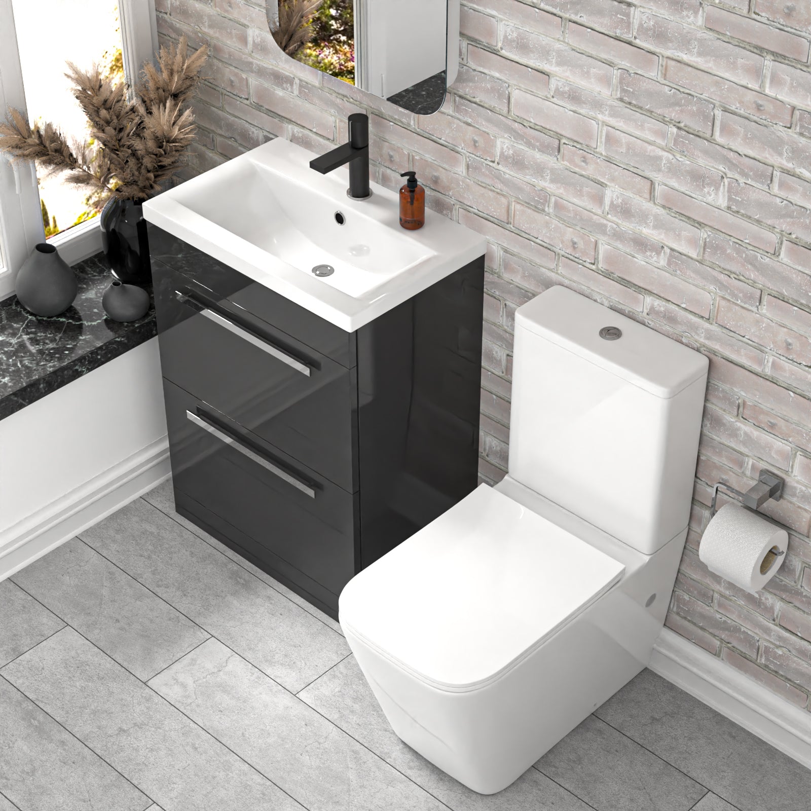 Nanuya 600mm Dark Grey 2 Drawers Basin Vanity Rimless Square Toilet