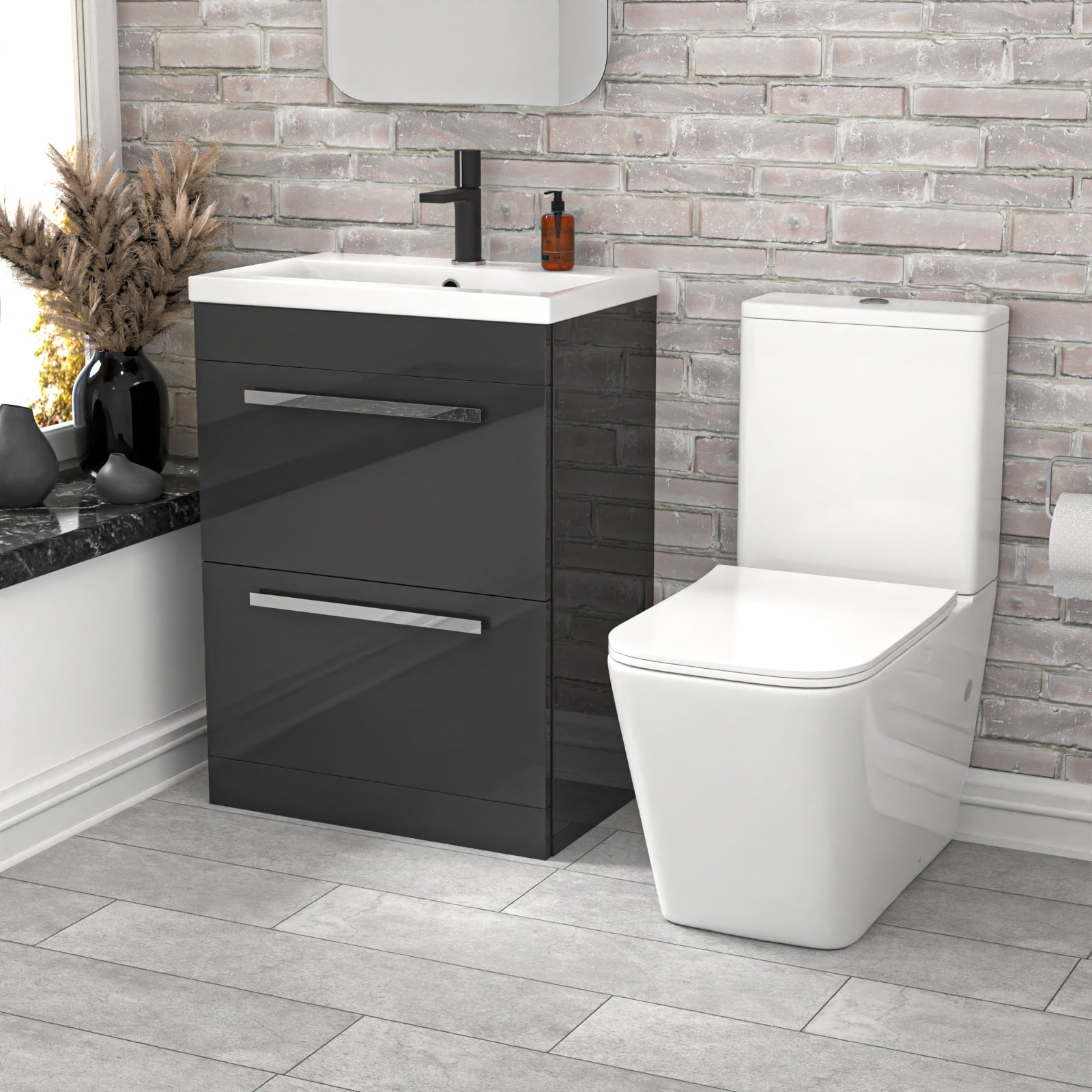 Nanuya 600mm Dark Grey 2 Drawers Basin Vanity Rimless Square Toilet