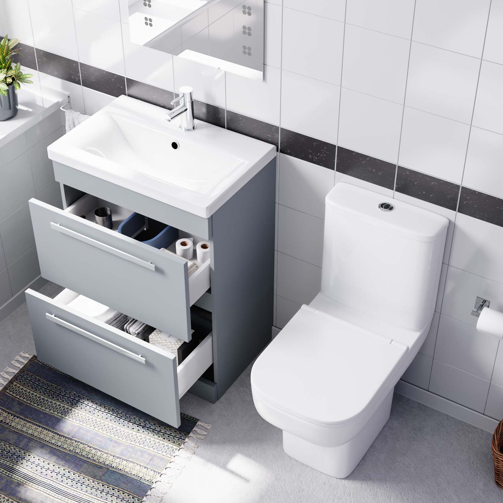 Nanuya 600mm Dark Grey Drawers Basin Vanity Unit Square Close Coupled Toilet