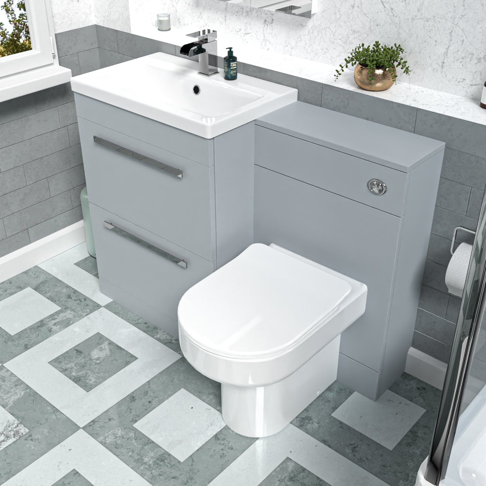 Nanuya 1100mm Matte Grey Drawers Basin Vanity, WC Unit, Back To Wall Toilet
