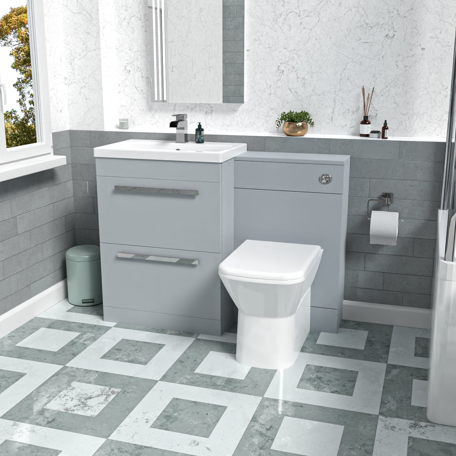 Nanuya 1100mm Matte Grey Basin Vanity Cabinet, WC Unit, Rimless BTW Toilet