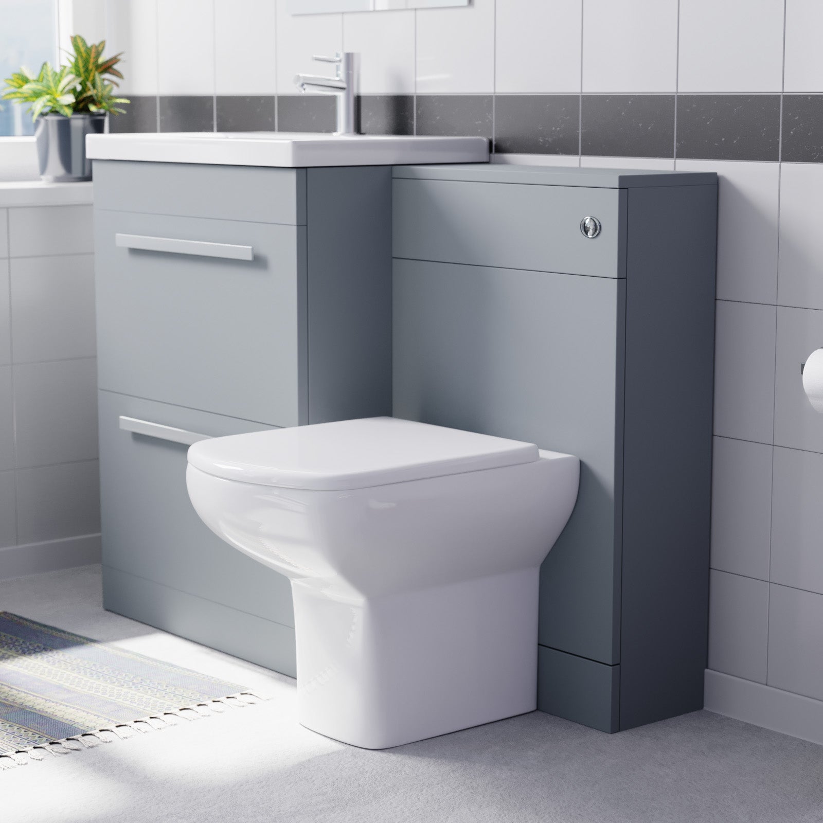 Nanuya 600mm Matte Grey 2 Drawers Vanity Unit, Back To Wall Toilet
