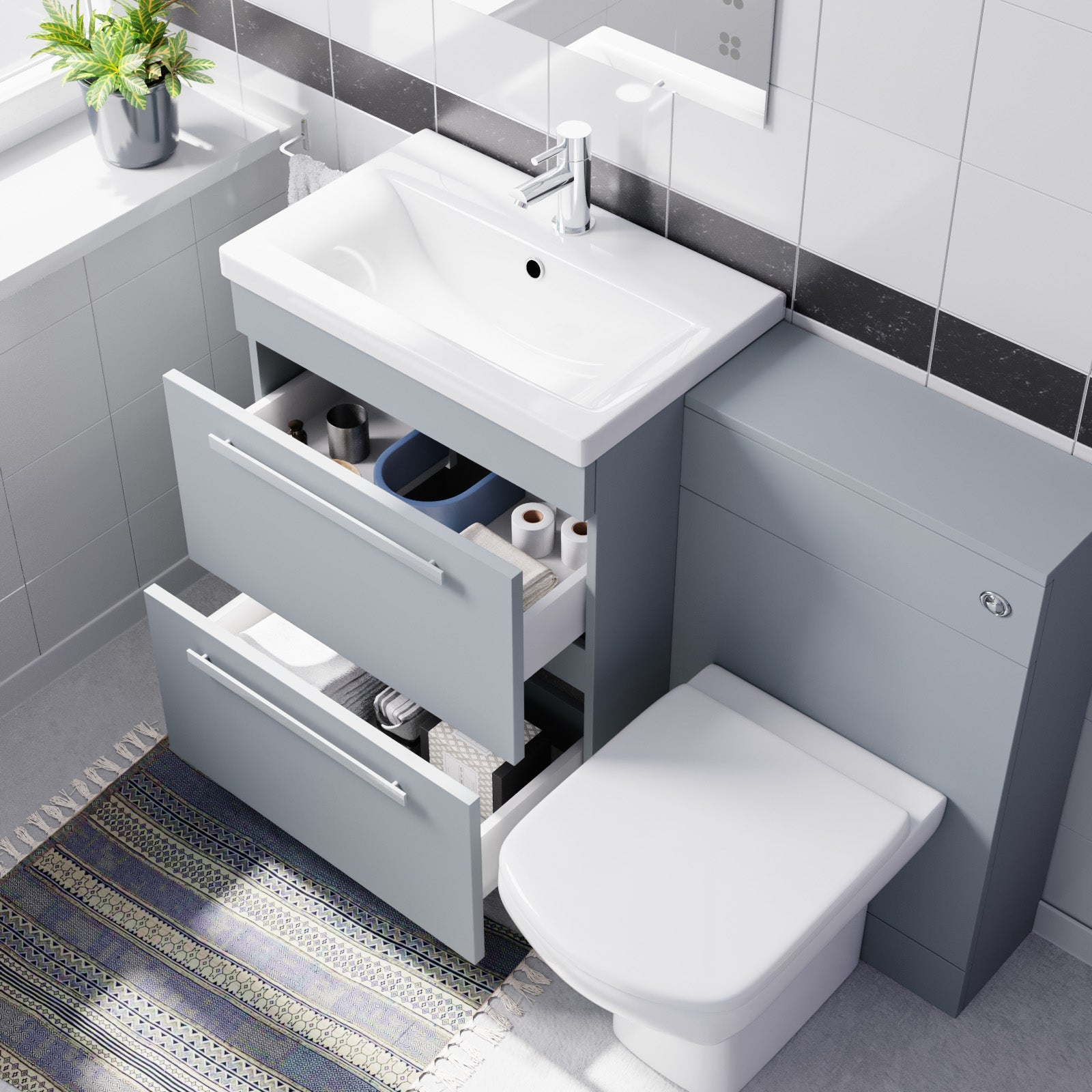 Nanuya 600mm Matte Grey 2 Drawers Vanity Unit, Back To Wall Toilet