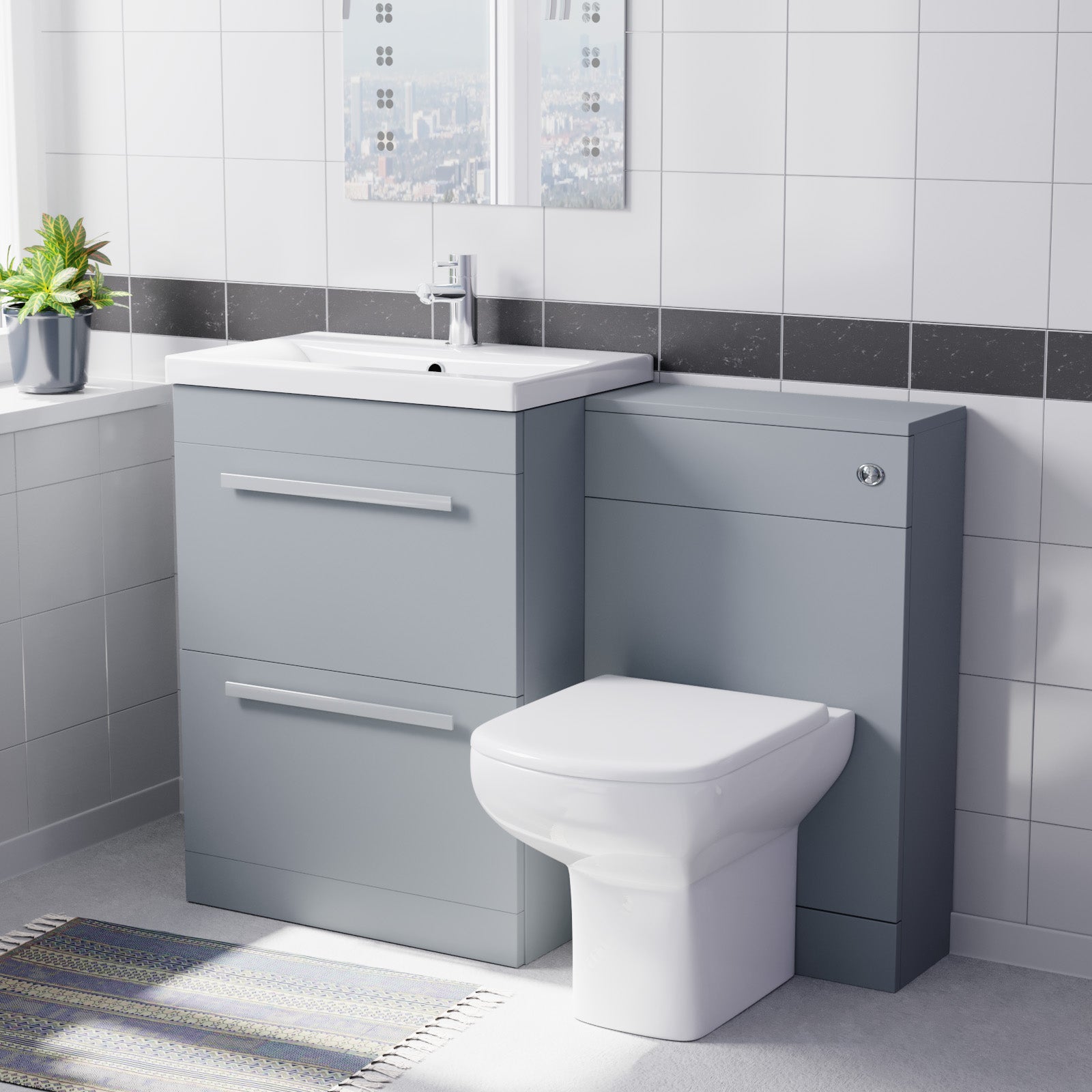 Nanuya 600mm Matte Grey 2 Drawers Vanity Unit, Back To Wall Toilet