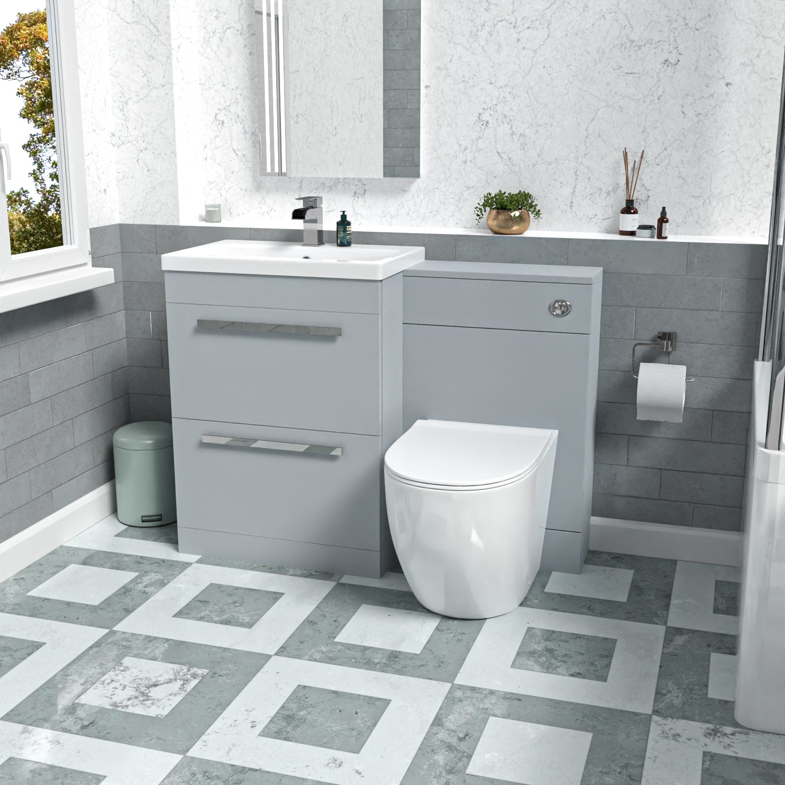 Nanuya 1100mm Matte Grey Basin Vanity Cabinet, WC Unit & Round BTW Toilet