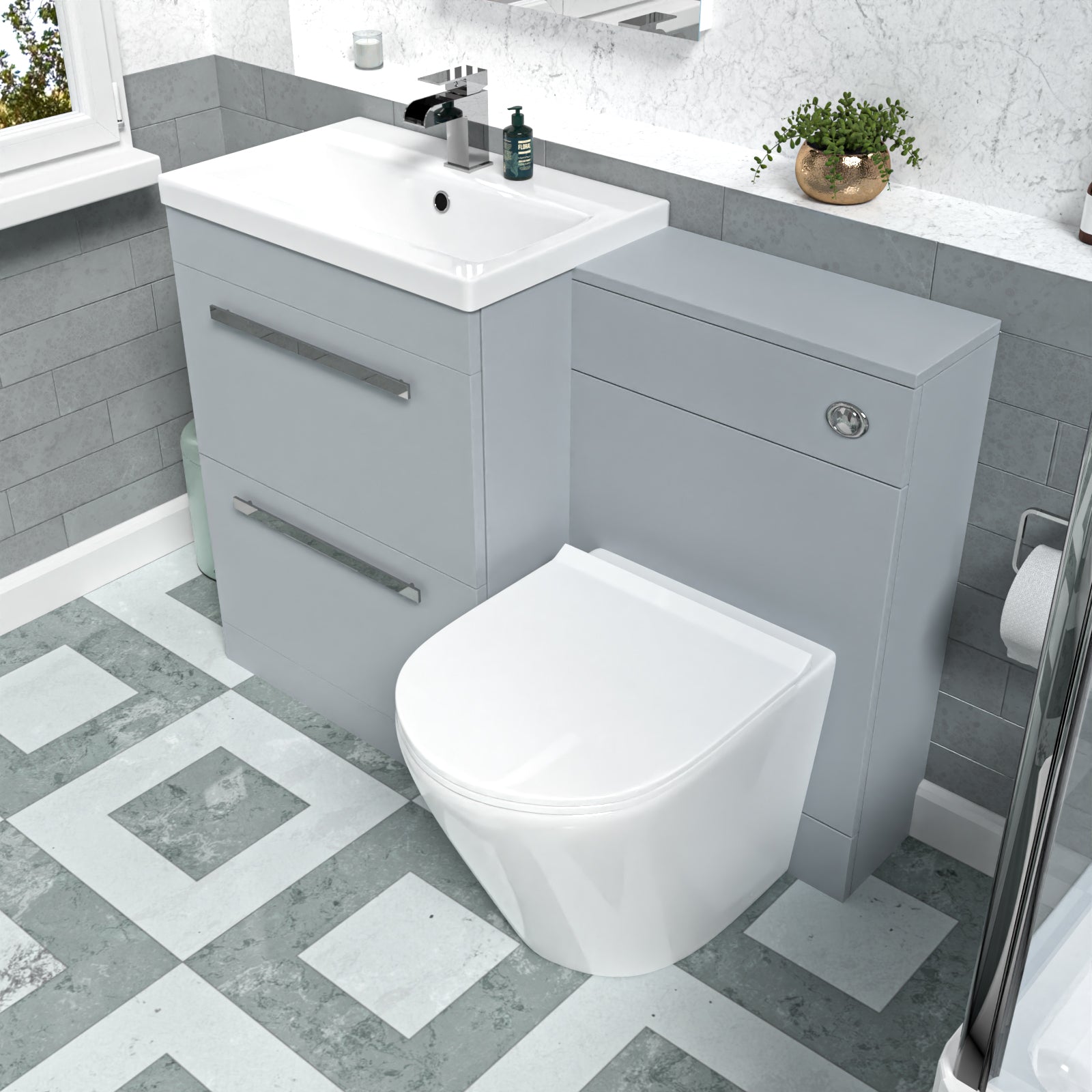 Nanuya 1100mm Matte Grey Basin Vanity Cabinet, WC Unit & Back To Wall Toilet