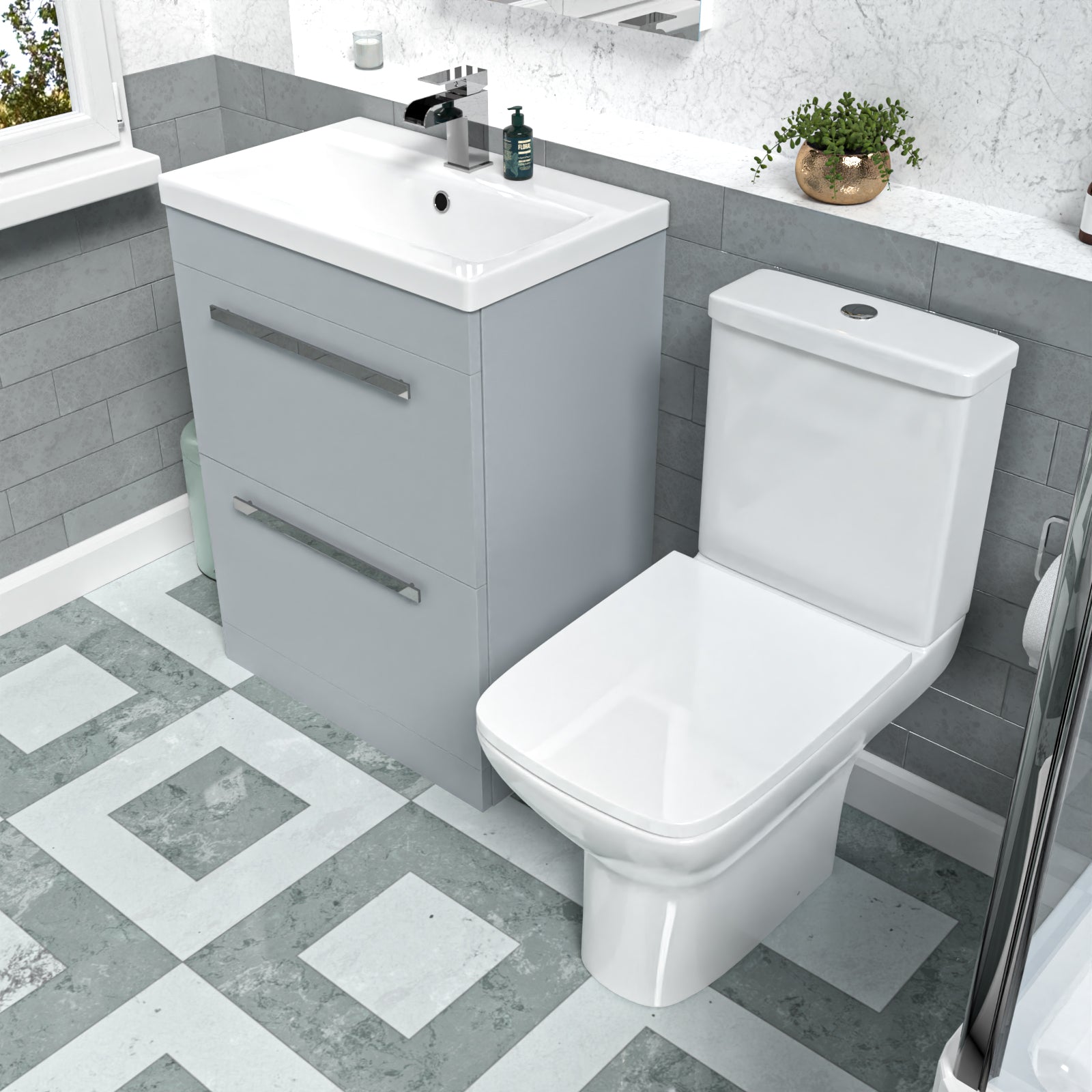 Nanuya 600mm Matte Grey Drawers Basin Vanity & Rimless Close Coupled Toilet