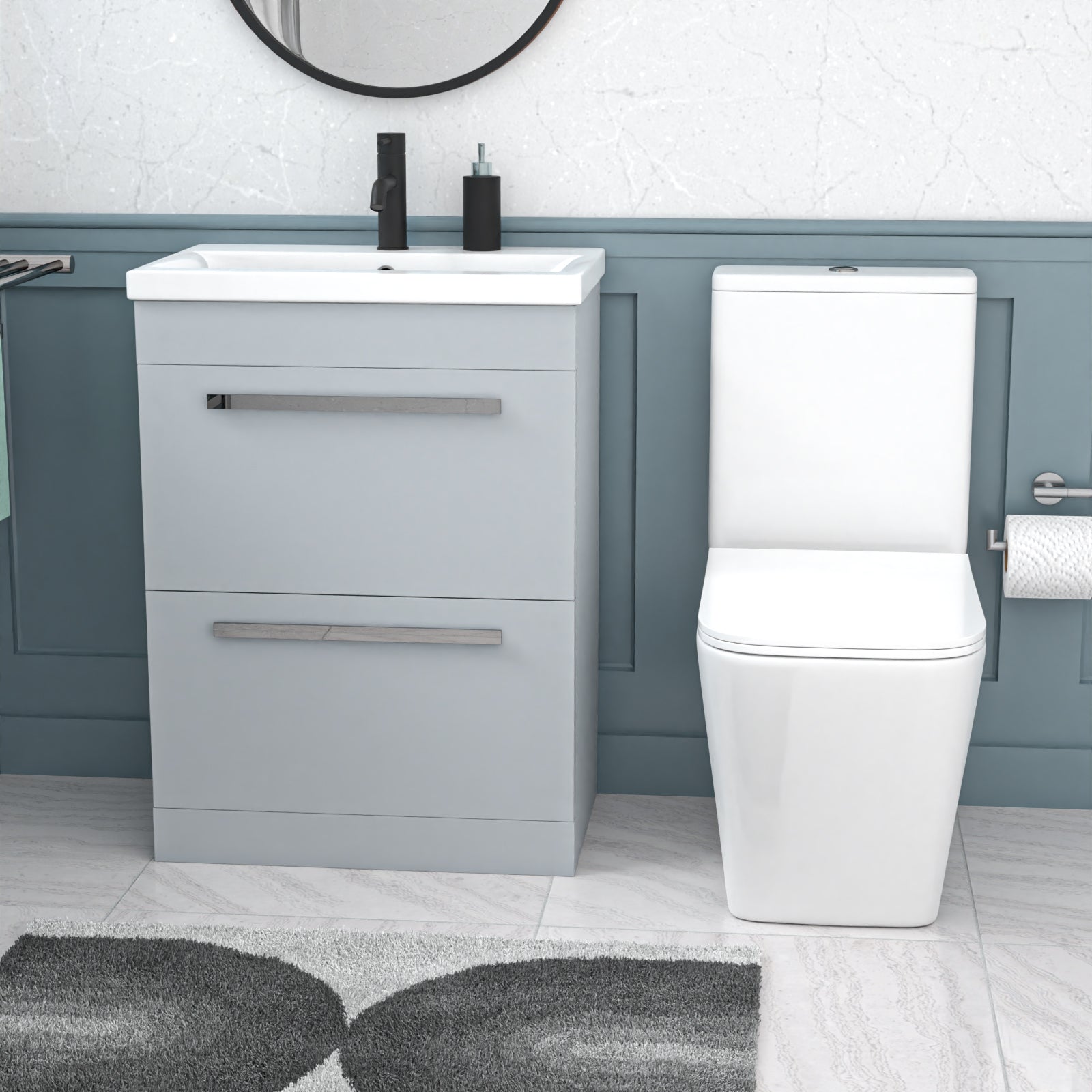 Nanuya 600mm Matte Grey 2 Drawers Basin Vanity Rimless Square Toilet