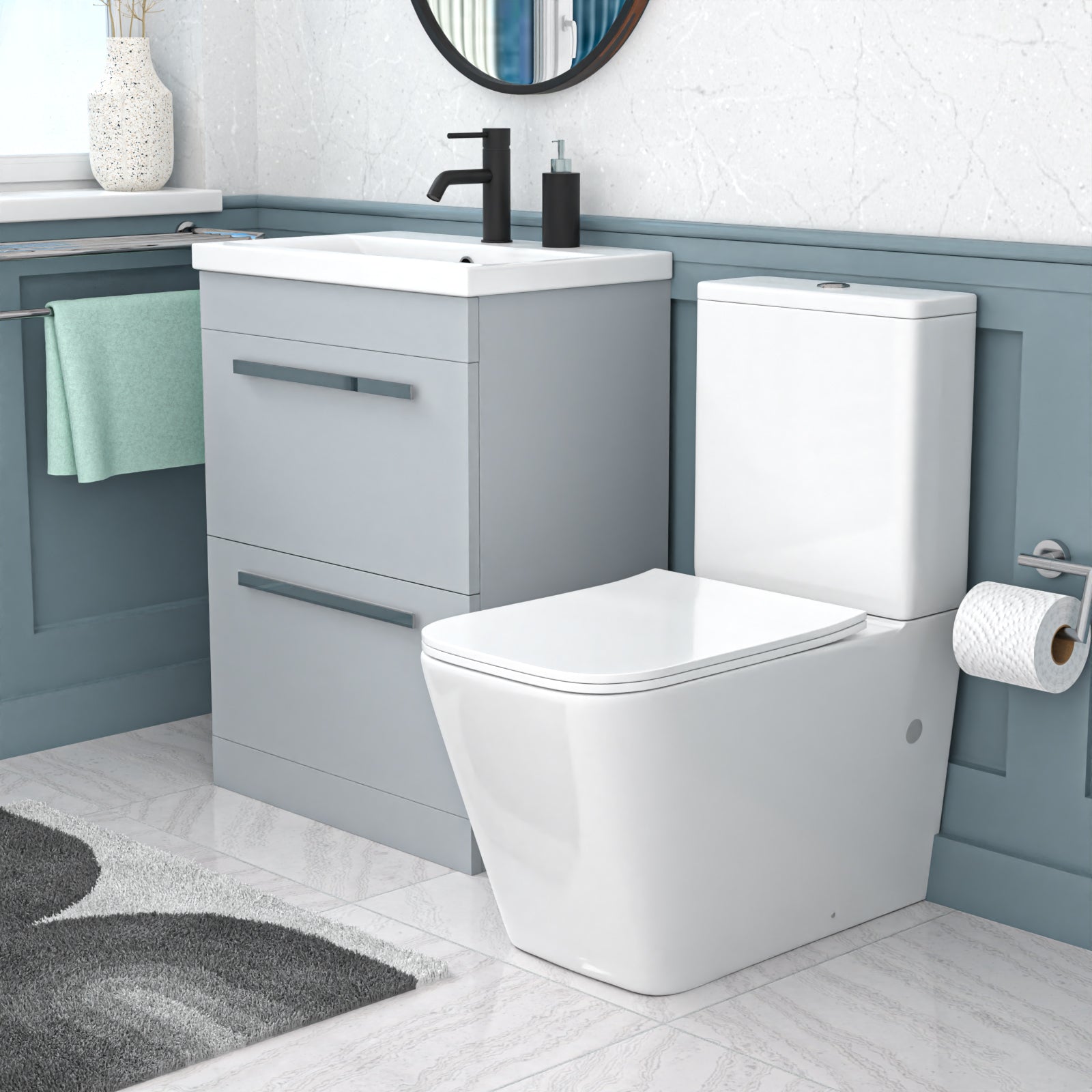 Nanuya 600mm Matte Grey 2 Drawers Basin Vanity Rimless Square Toilet