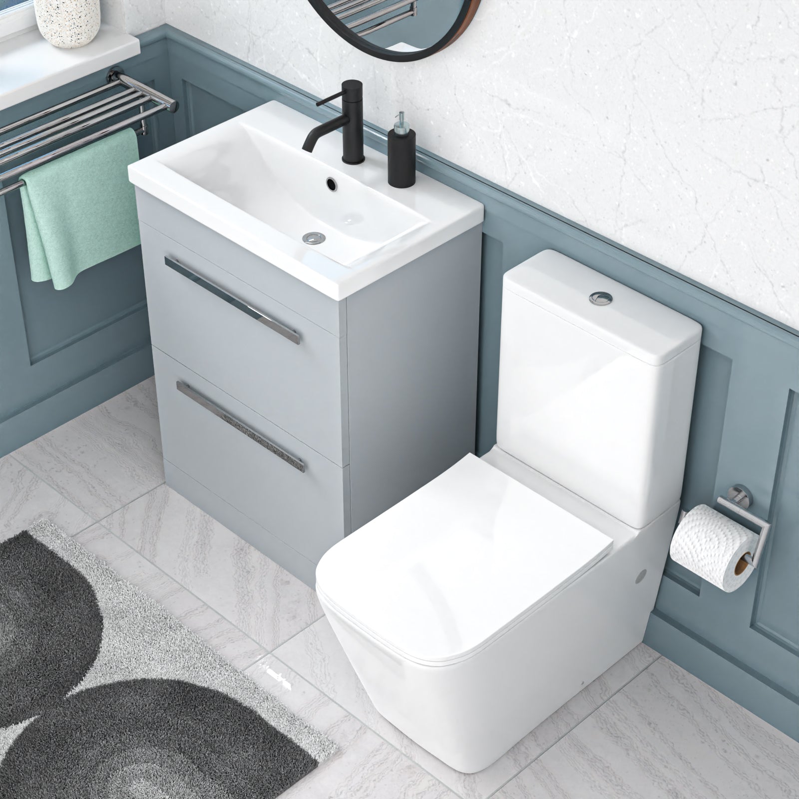 Nanuya 600mm Matte Grey 2 Drawers Basin Vanity Rimless Square Toilet
