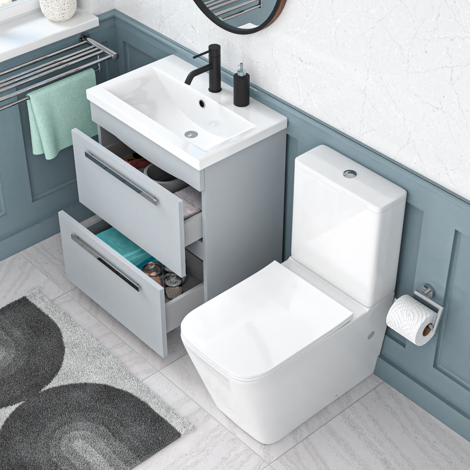 Nanuya 600mm Matte Grey 2 Drawers Basin Vanity Rimless Square Toilet