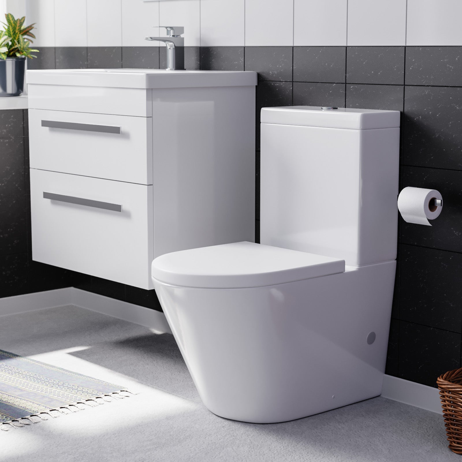 Nanuya White 600mm Wall Hung 2 Drawer Vanity Cabinet Unit & Close Coupled Toilet